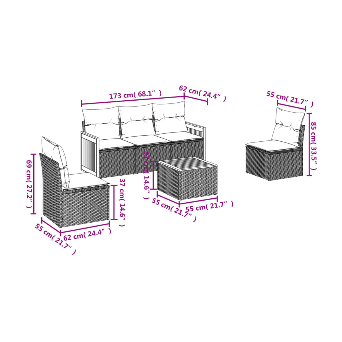 Vidaxl Gartenmöbel-Set aus Polyrattan mit Kissen, 6-teilig, Schwarz und Beige, Modernes Design - Bild 2