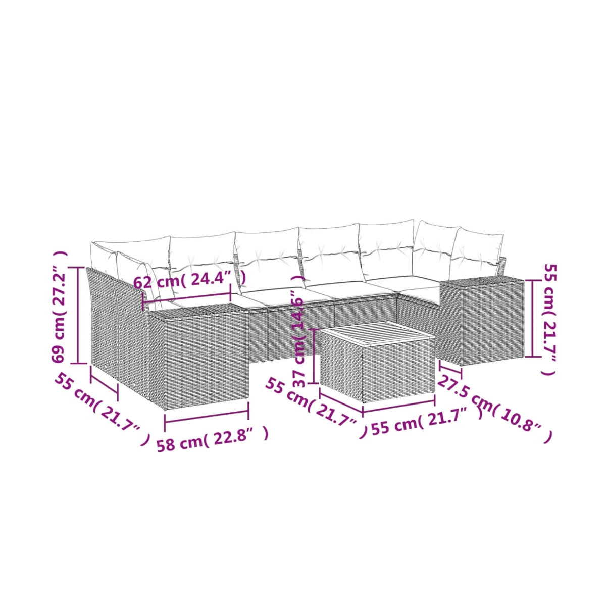 Vidaxl Gartenmöbel-Set aus Polyrattan mit Kissen, 8-teilig, Beige - Bild 2