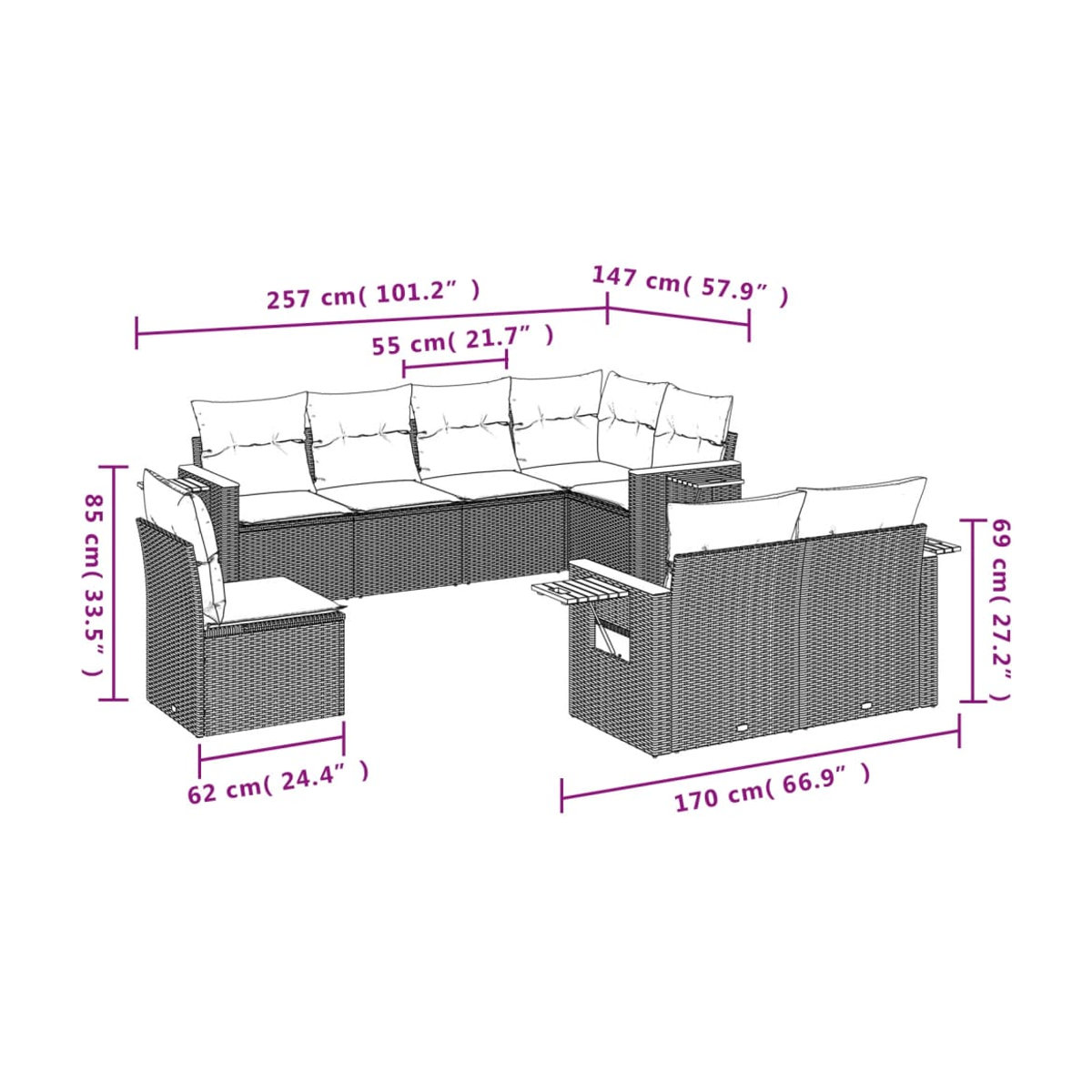 Vidaxl Gartenmöbel-Set aus Polyrattan mit Kissen, 8-teilig, Beige - Bild 2