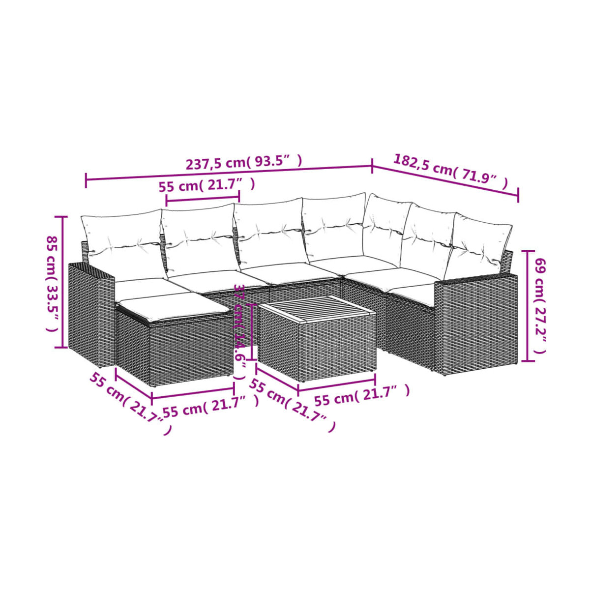 Vidaxl Gartenmöbel-Set aus Polyrattan mit Kissen, 8-teilig, Grau - Bild 3