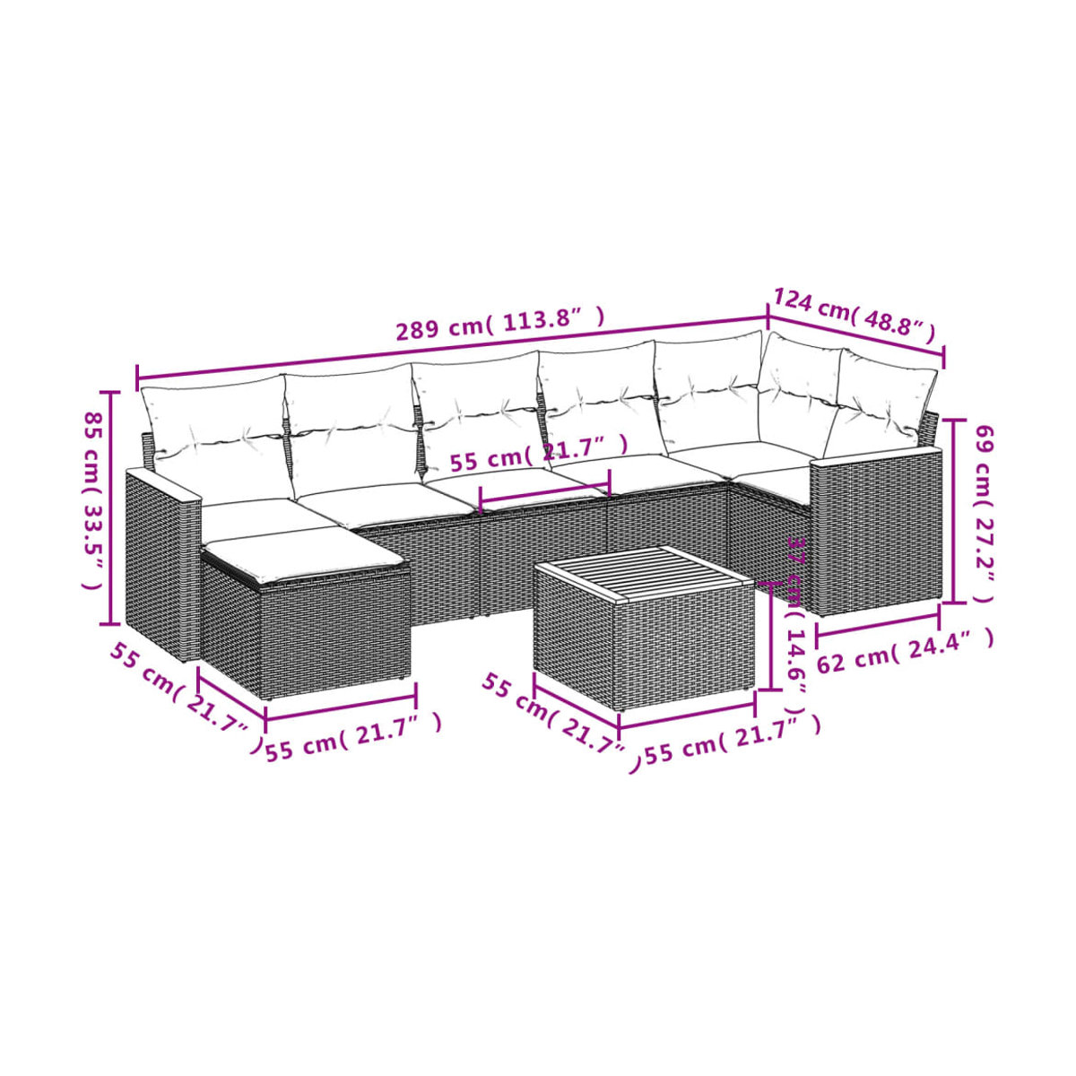 Vidaxl Gartenmöbel-Set aus Polyrattan mit Kissen, 8-teilig, Grau, Modernes Design - Bild 2