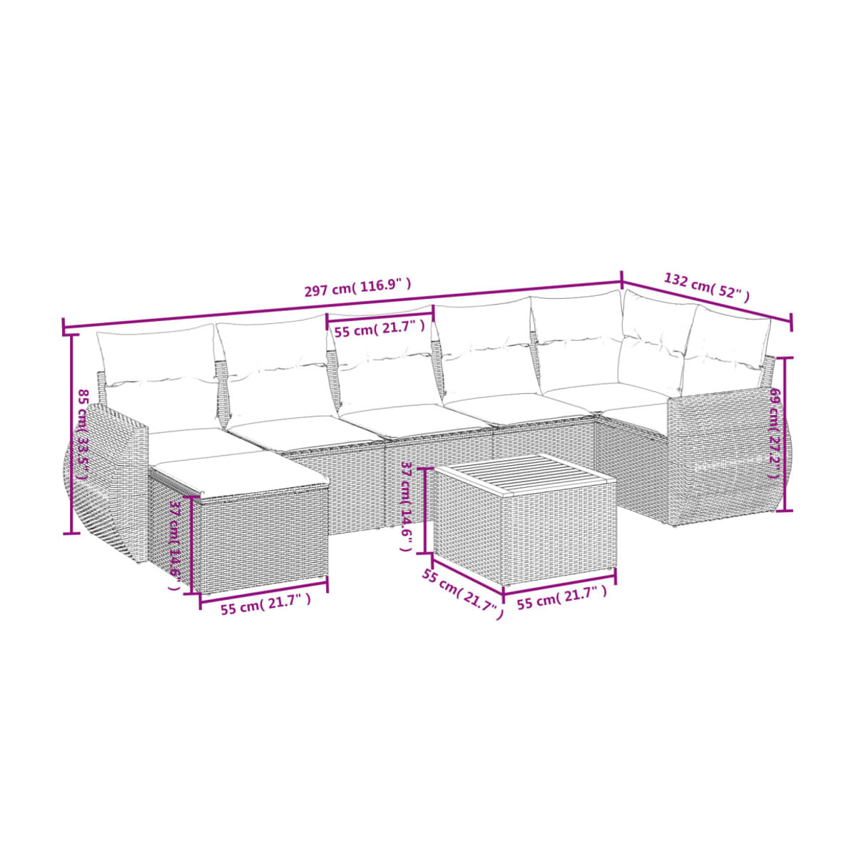 Vidaxl Gartenmöbel-Set aus Polyrattan mit Kissen, 8-teilig, Grau, Modernes Design - Bild 3