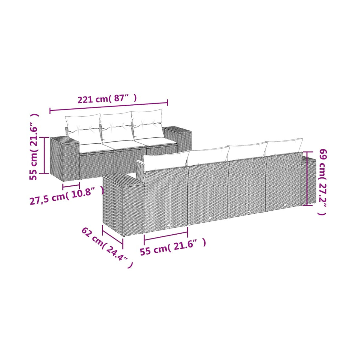 Vidaxl Gartenmöbel-Set aus Polyrattan mit Kissen, 8-teilig, Grau, Modernes Design - Bild 3