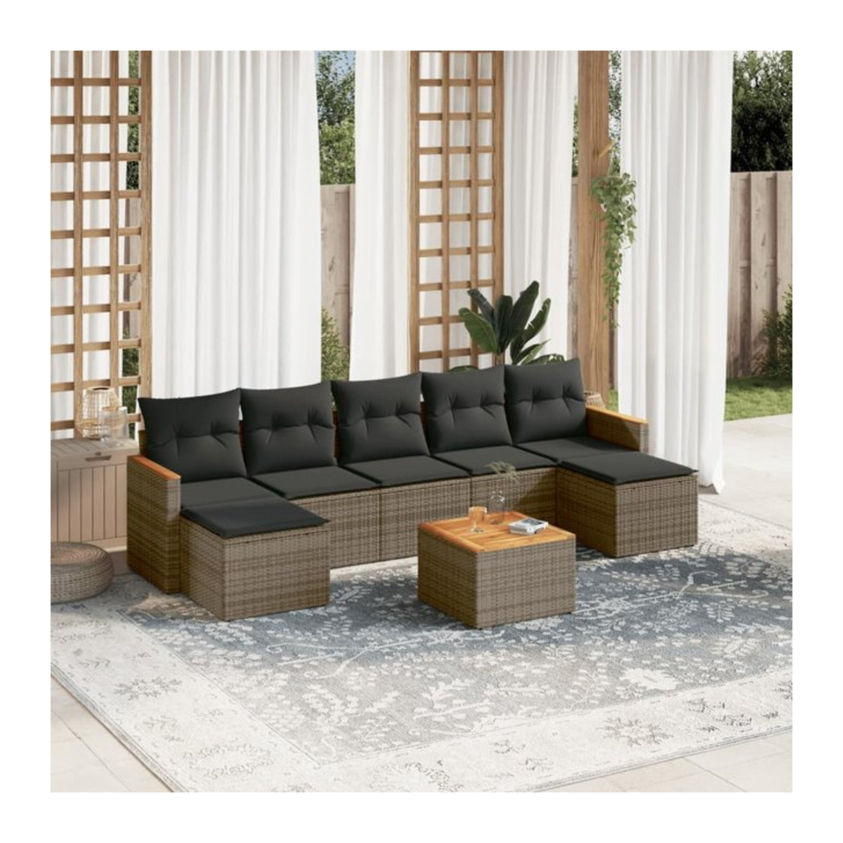 Vidaxl Gartenmöbel-Set aus Polyrattan mit Kissen, 8-teilig, Grau, Modernes Design - Bild 1