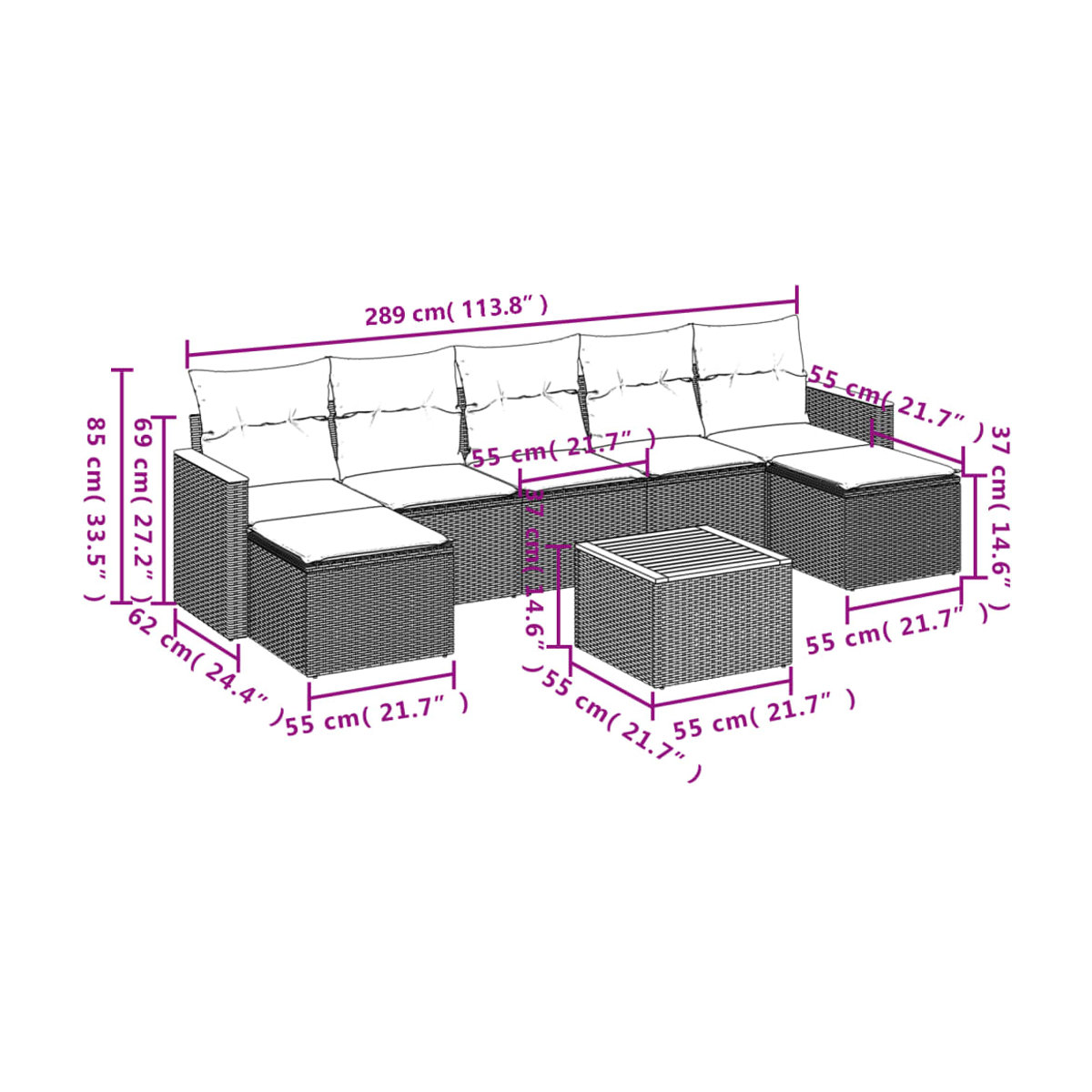 Vidaxl Gartenmöbel-Set aus Polyrattan mit Kissen, 8-teilig, Grau, Modernes Design - Bild 3
