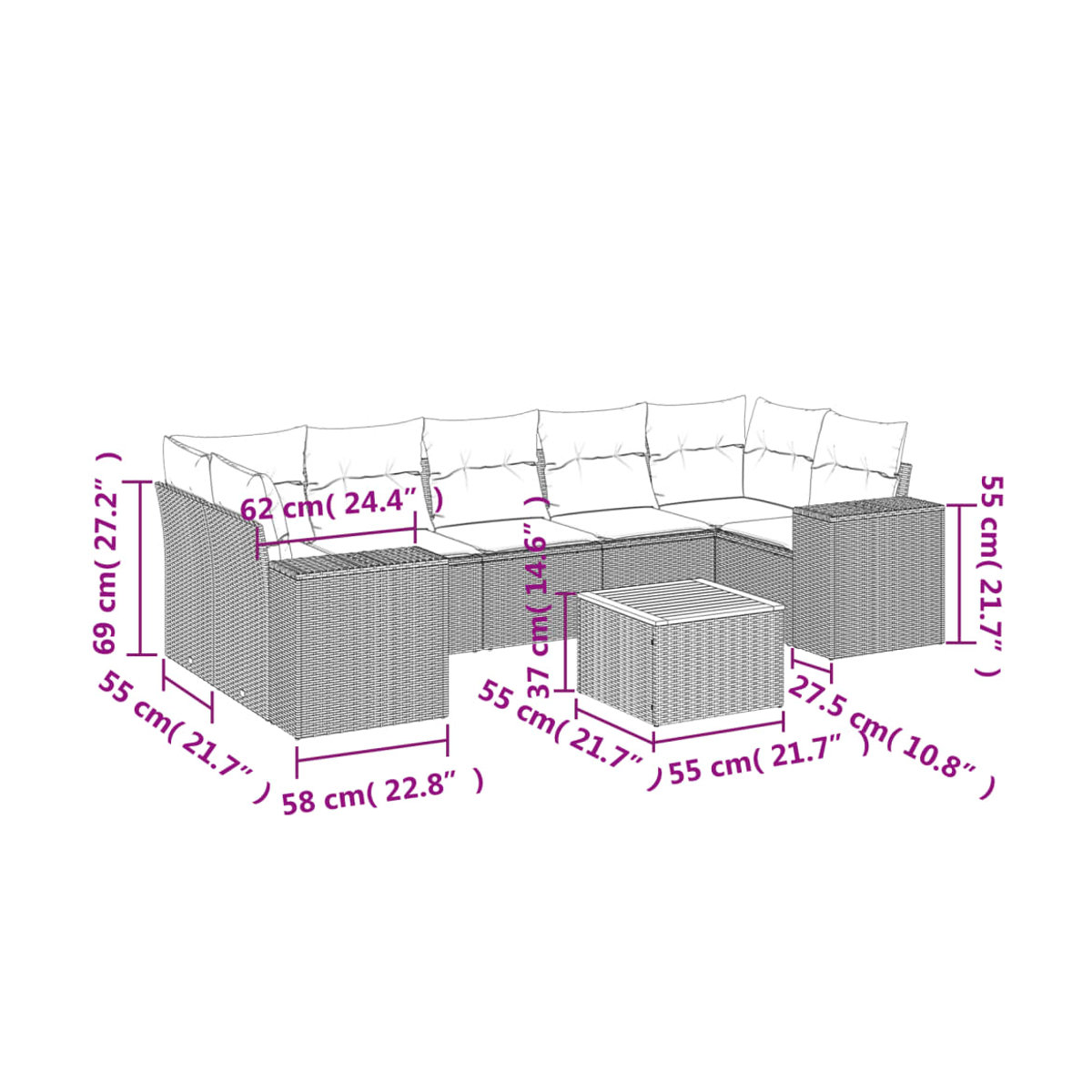 Vidaxl Gartenmöbel-Set aus Polyrattan mit Kissen, 8-teilig, Grau, Modernes Design - Bild 2