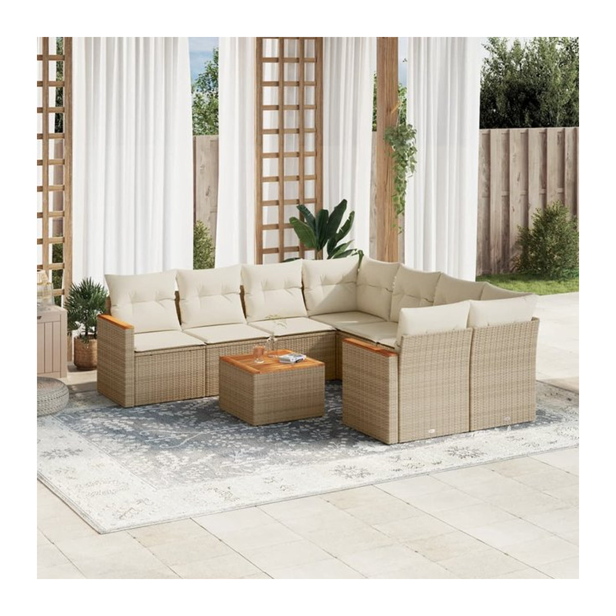 Vidaxl Gartenmöbel-Set aus Polyrattan mit Kissen, 9-teilig, Beige - Bild 1