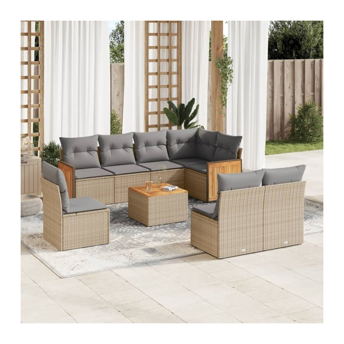 Vidaxl Gartenmöbel-Set aus Polyrattan mit Kissen, 9-teilig, Beige - Bild 1