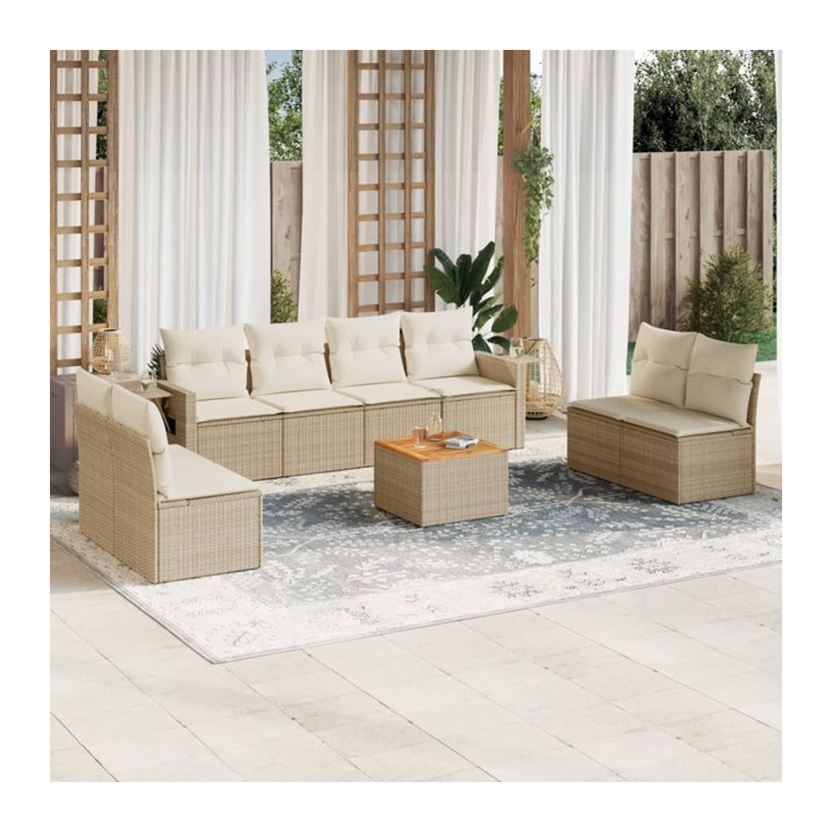 Vidaxl Gartenmöbel-Set aus Polyrattan mit Kissen, 9-teilig, Beige, Modernes Design - Bild 1