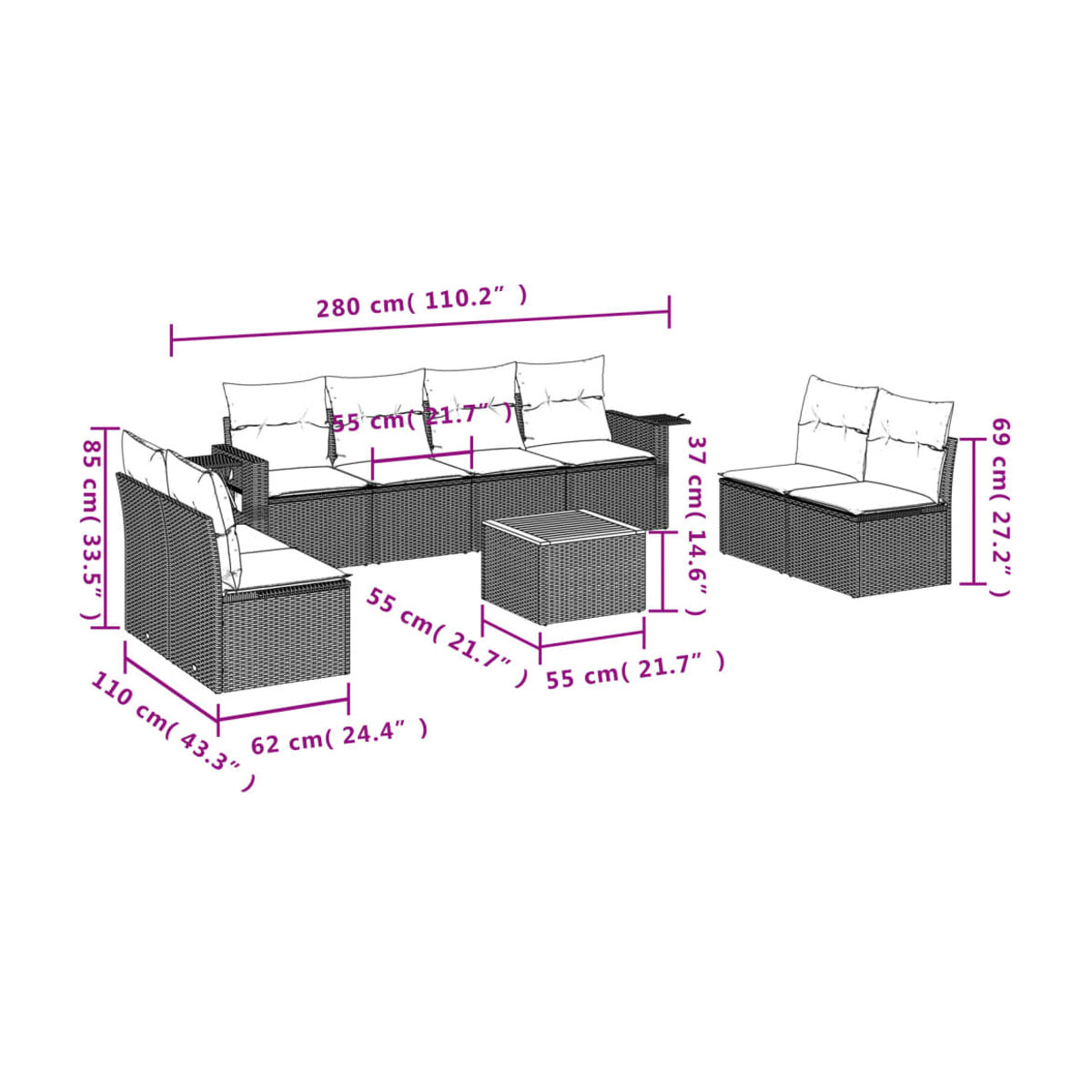 Vidaxl Gartenmöbel-Set aus Polyrattan mit Kissen, 9-teilig, Beige, Modernes Design - Bild 2
