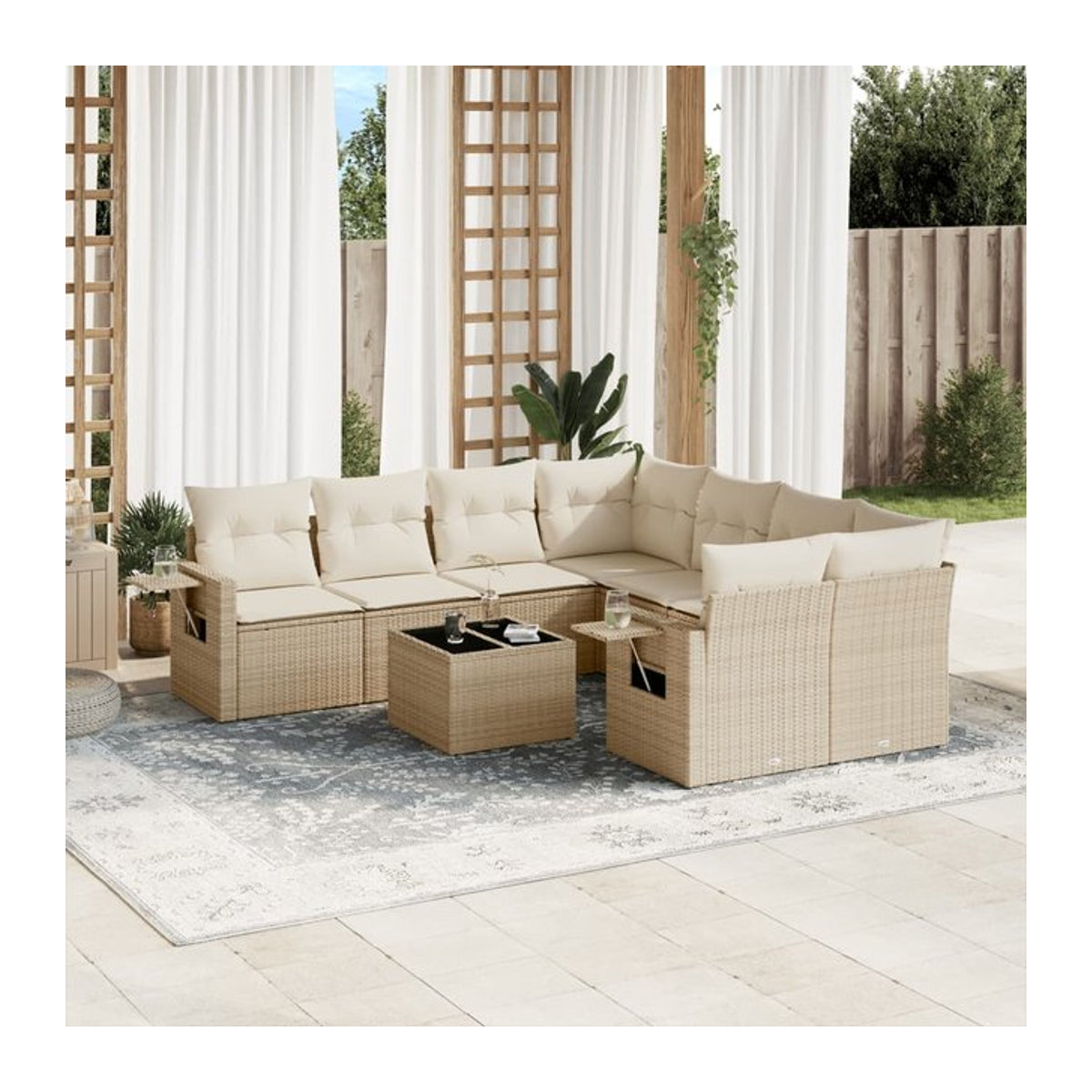 Vidaxl Gartenmöbel-Set aus Polyrattan mit Kissen, 9-teilig, Beige, Modernes Design - Bild 1
