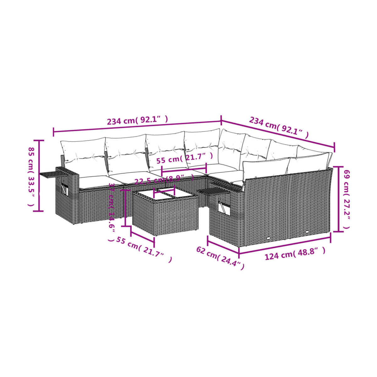 Vidaxl Gartenmöbel-Set aus Polyrattan mit Kissen, 9-teilig, Beige, Modernes Design - Bild 2