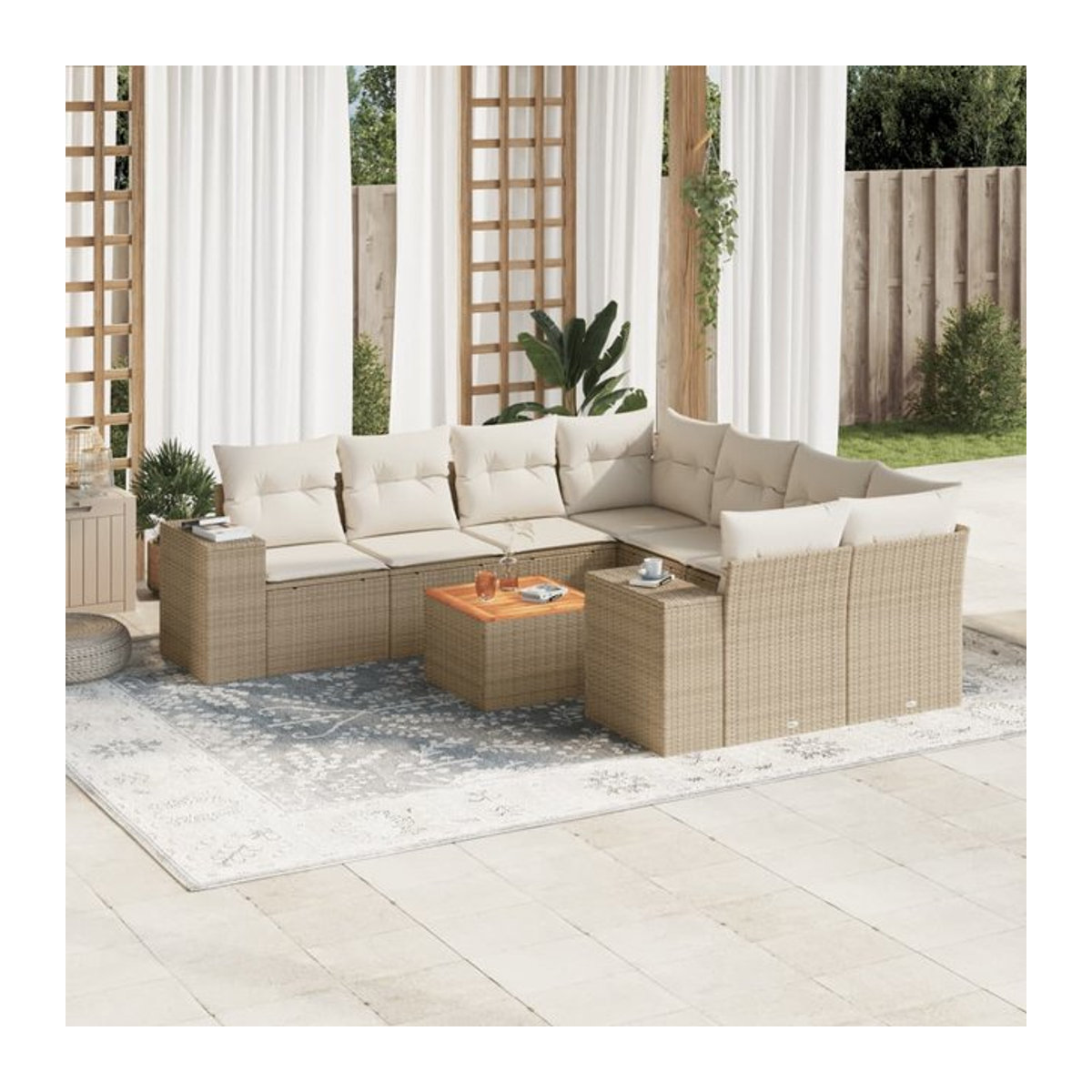 Vidaxl Gartenmöbel-Set aus Polyrattan mit Kissen, 9-teilig, Beige, Modernes Design - Bild 1