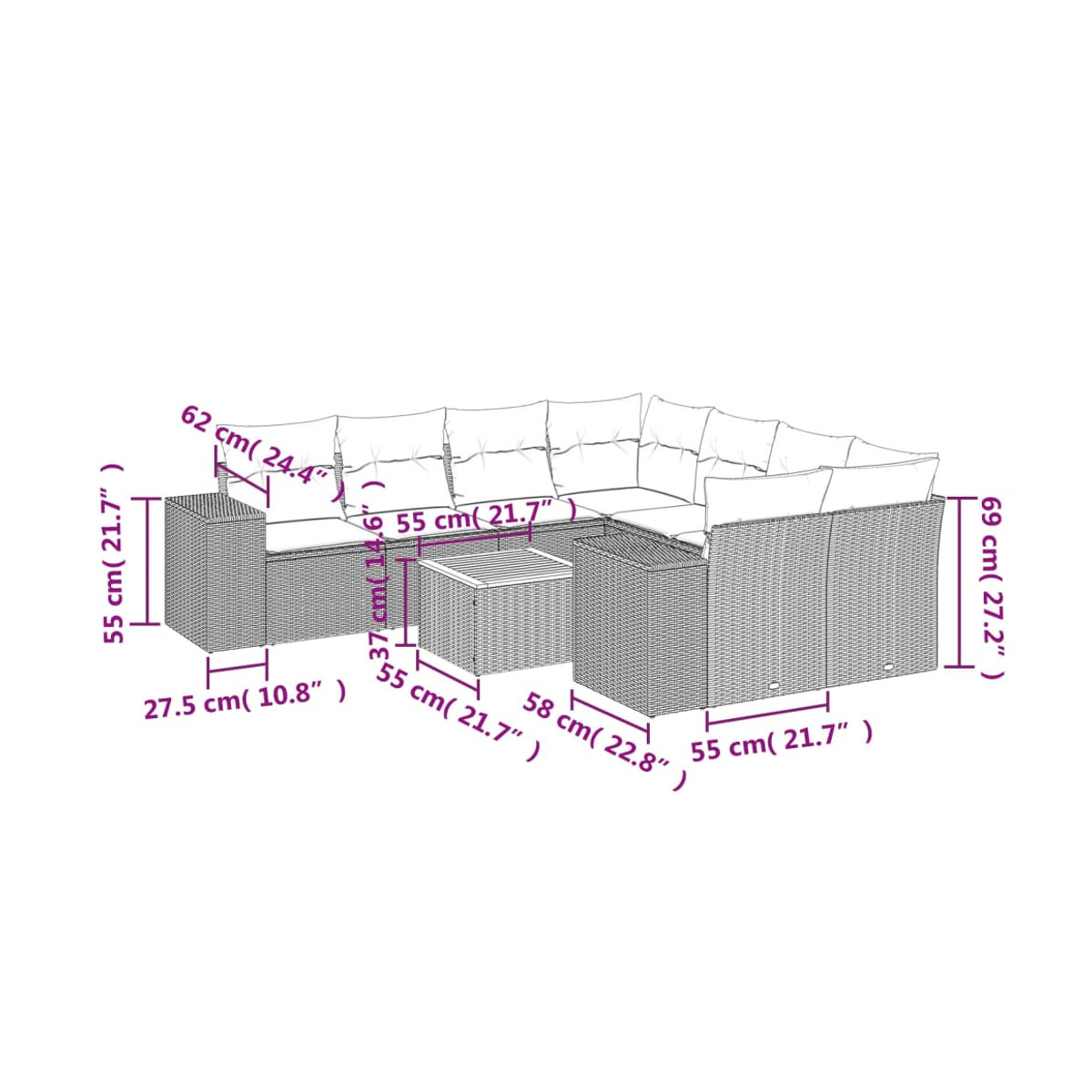 Vidaxl Gartenmöbel-Set aus Polyrattan mit Kissen, 9-teilig, Beige, Modernes Design - Bild 2
