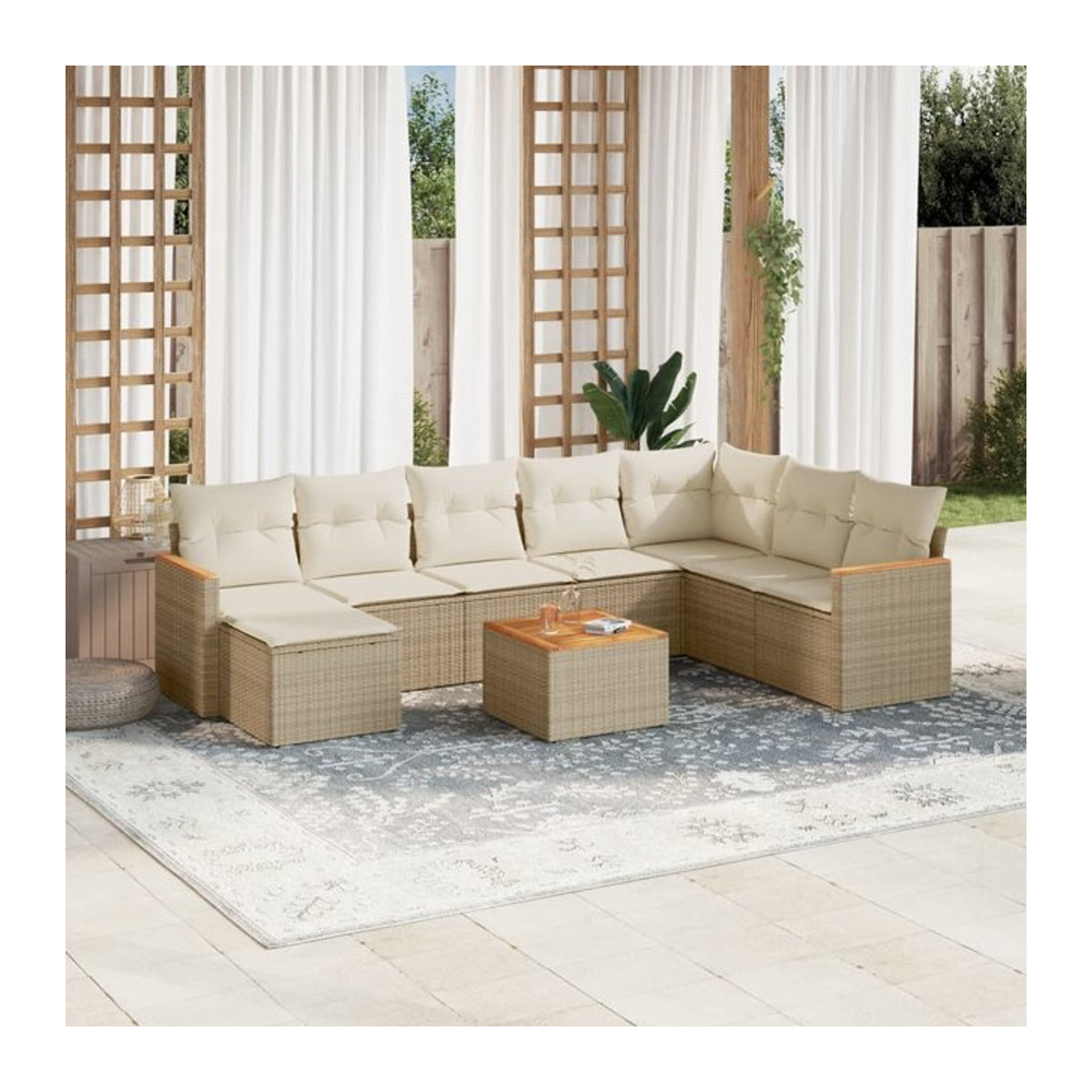 Vidaxl Gartenmöbel-Set aus Polyrattan mit Kissen, 9-teilig, Beige, Modernes Design - Bild 1