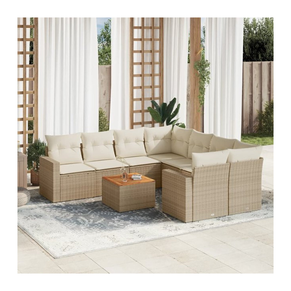 Vidaxl Gartenmöbel-Set aus Polyrattan mit Kissen, 9-teilig, Beige, Modernes Design - Bild 1