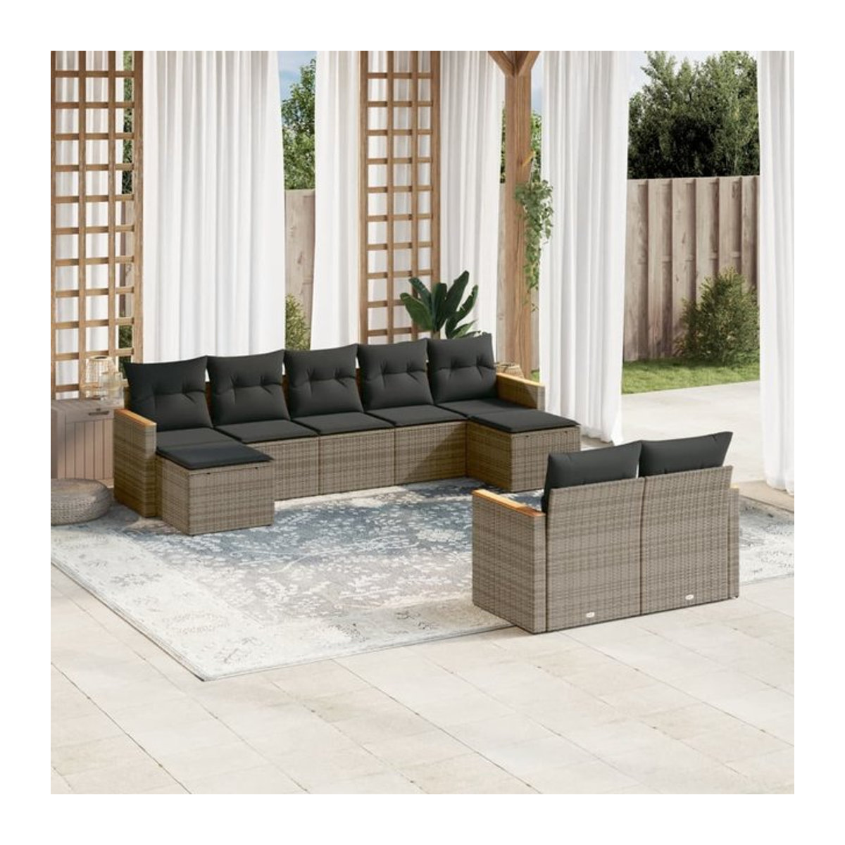 Vidaxl Gartenmöbel-Set aus Polyrattan mit Kissen, 9-teilig, Grau - Bild 1