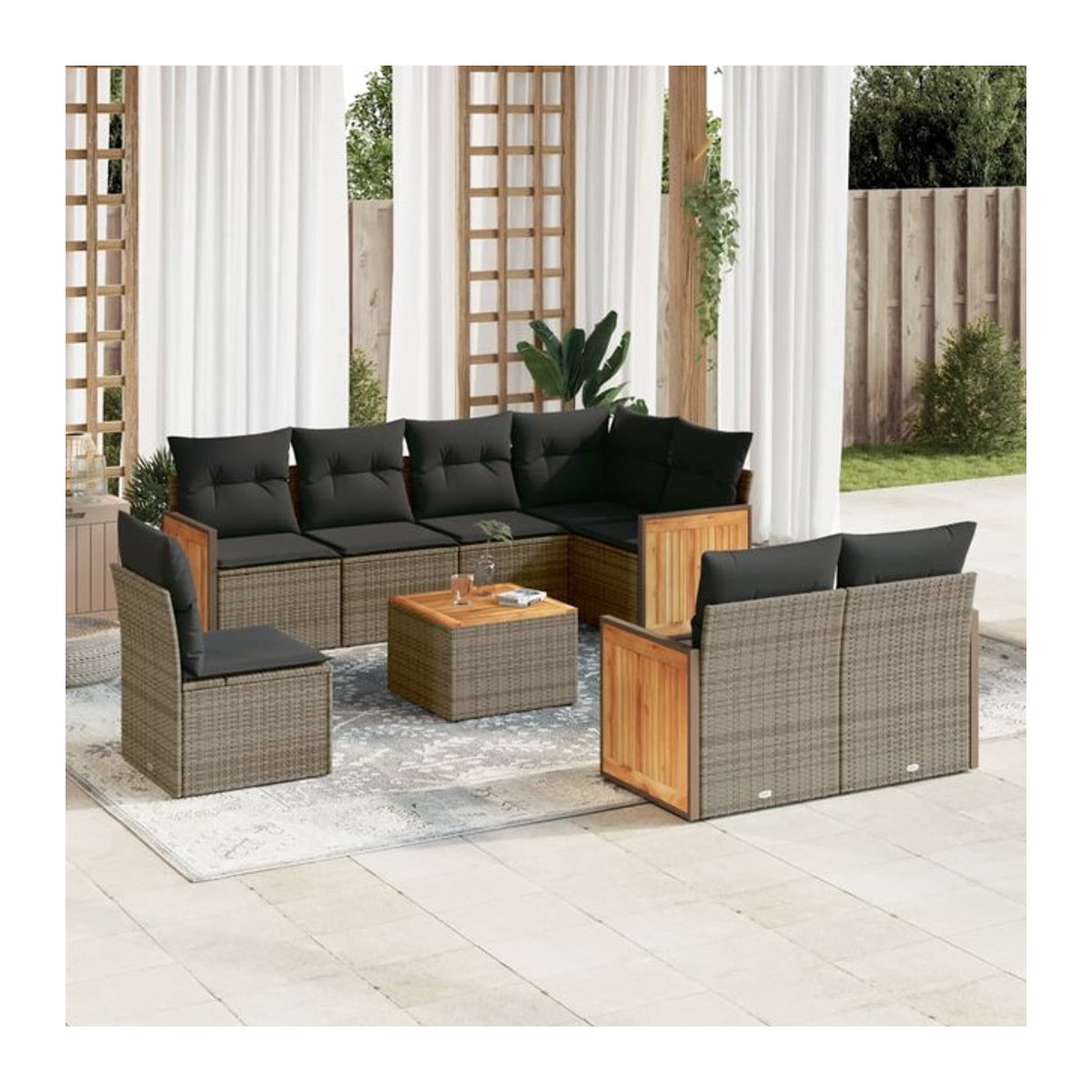 Vidaxl Gartenmöbel-Set aus Polyrattan mit Kissen, 9-teilig, Grau - Bild 1