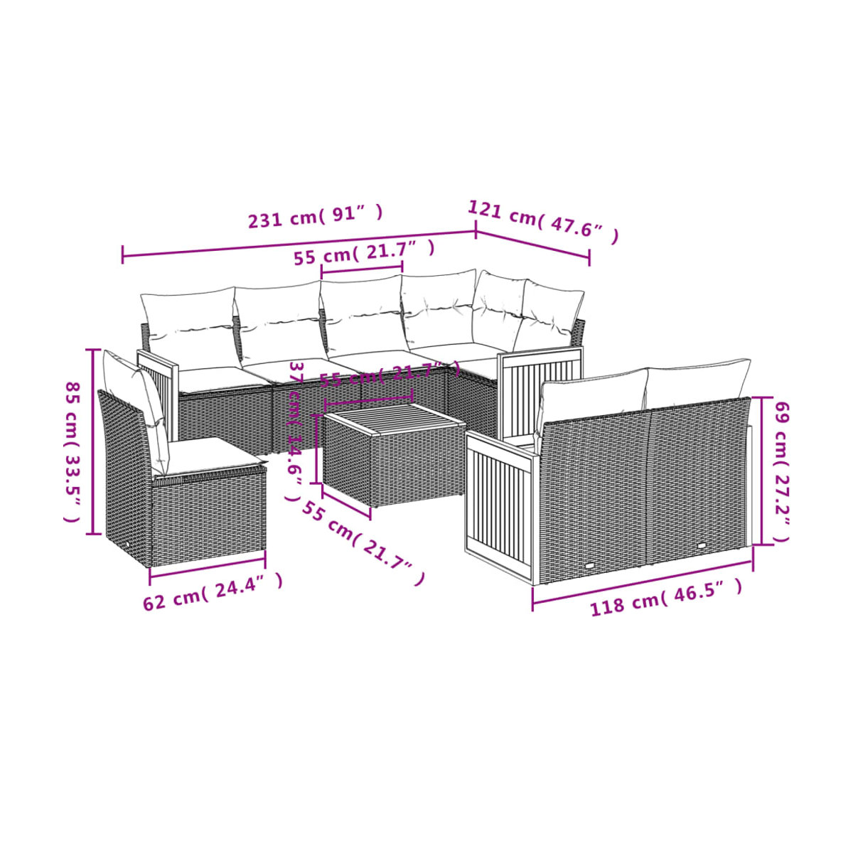 Vidaxl Gartenmöbel-Set aus Polyrattan mit Kissen, 9-teilig, Grau - Bild 2