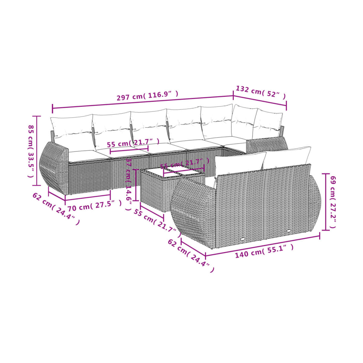 Vidaxl Gartenmöbel-Set aus Polyrattan mit Kissen, 9-teilig, Grau - Bild 2