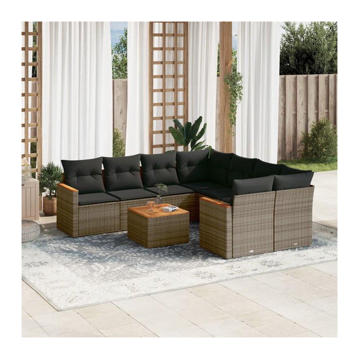 Vidaxl Gartenmöbel-Set aus Polyrattan mit Kissen, 9-teilig, Grau - Bild 1