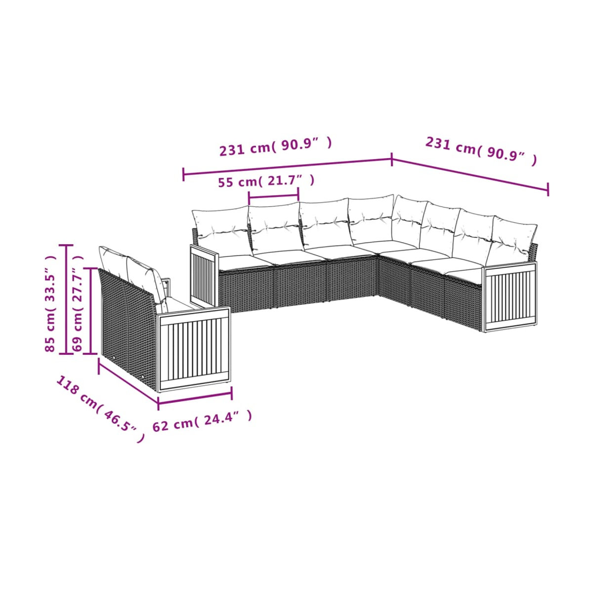Vidaxl Gartenmöbel-Set aus Polyrattan mit Kissen, 9-teilig, Grau - Bild 2