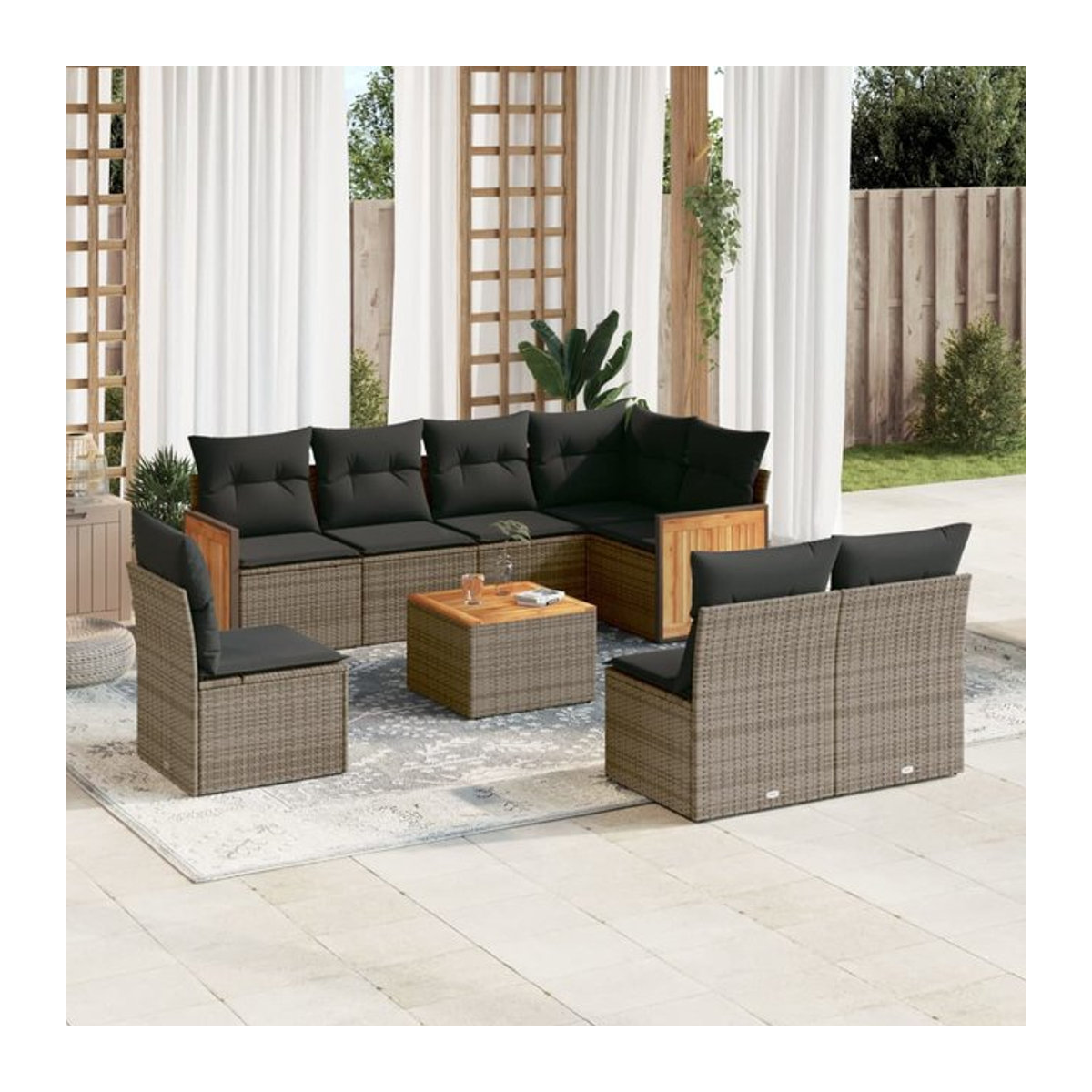 Vidaxl Gartenmöbel-Set aus Polyrattan mit Kissen, 9-teilig, Grau, Modernes Design - Bild 1