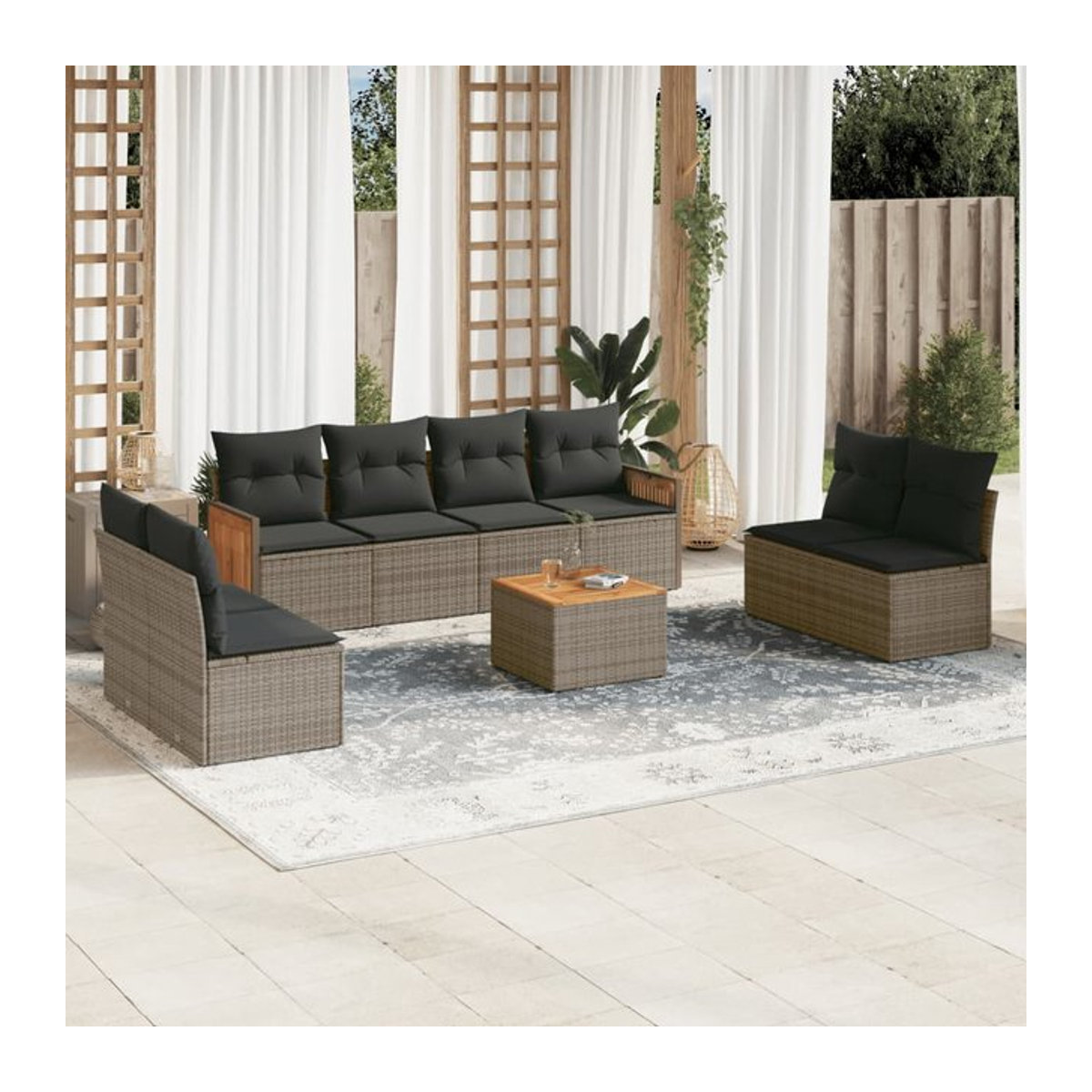 Vidaxl Gartenmöbel-Set aus Polyrattan mit Kissen, 9-teilig, Grau, Modernes Design - Bild 1
