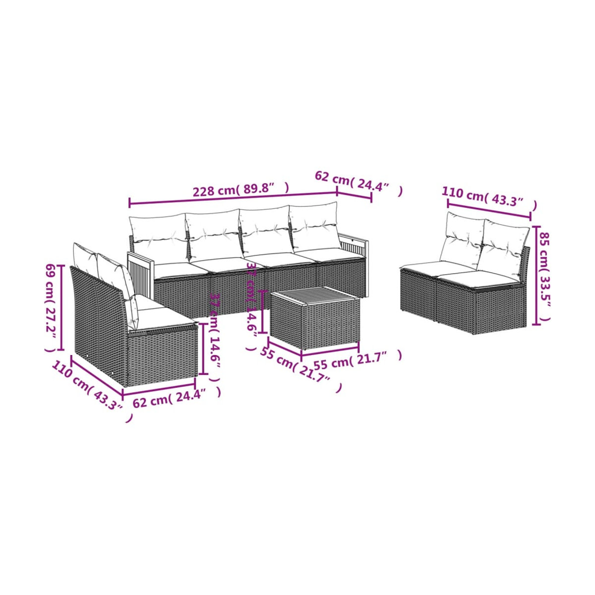 Vidaxl Gartenmöbel-Set aus Polyrattan mit Kissen, 9-teilig, Grau, Modernes Design - Bild 2