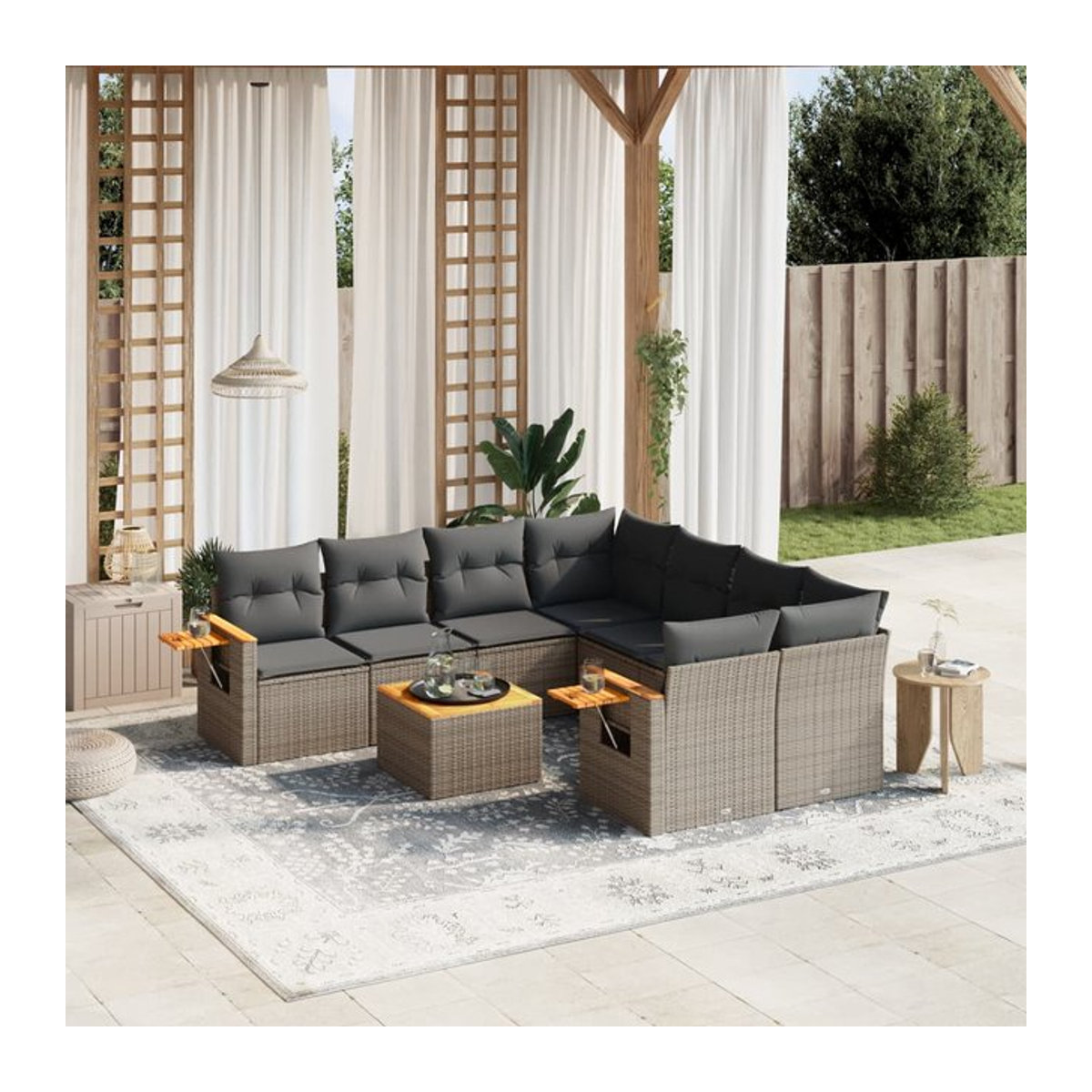 Vidaxl Gartenmöbel-Set aus Polyrattan mit Kissen, 9-teilig, Grau, Modernes Design - Bild 1