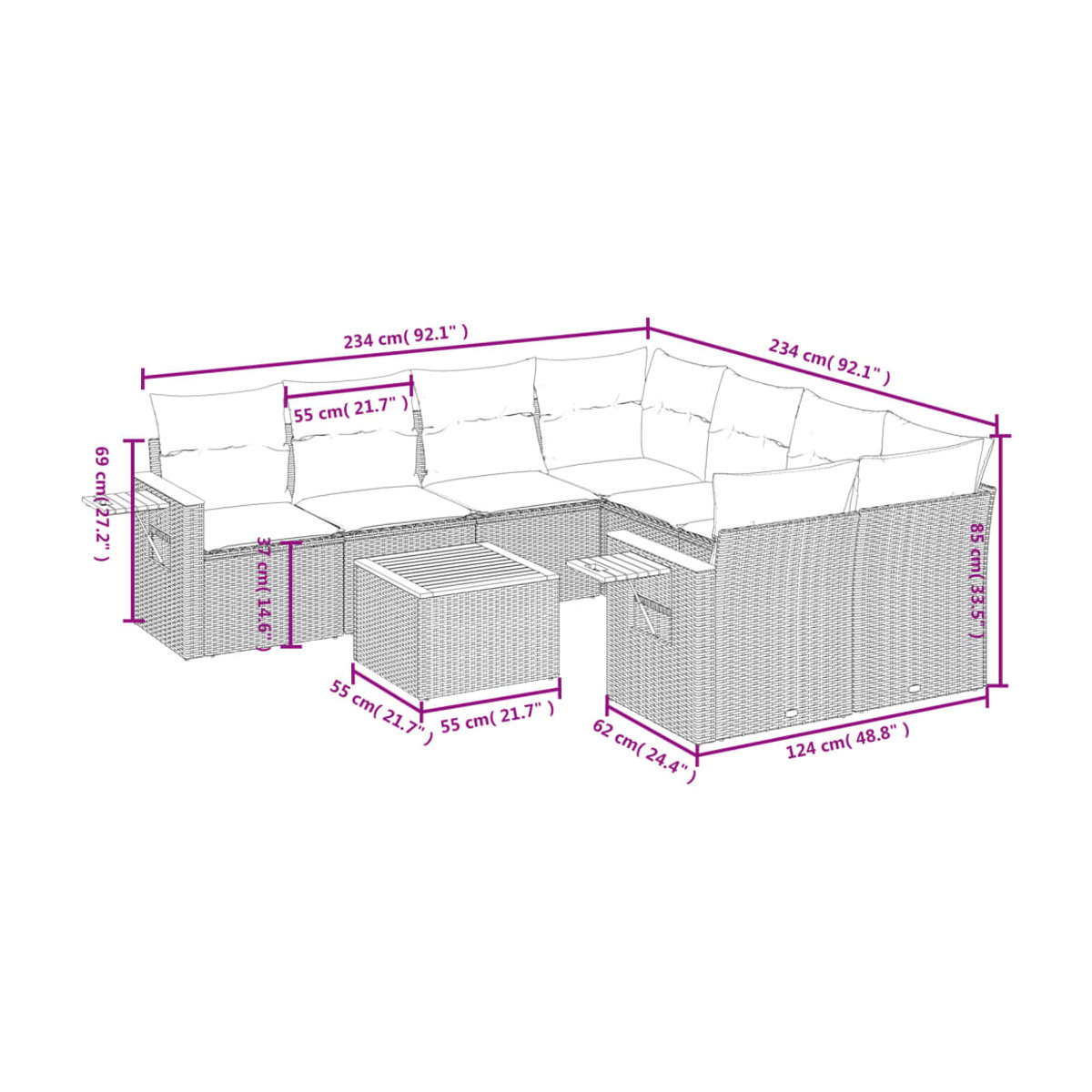 Vidaxl Gartenmöbel-Set aus Polyrattan mit Kissen, 9-teilig, Grau, Modernes Design - Bild 3
