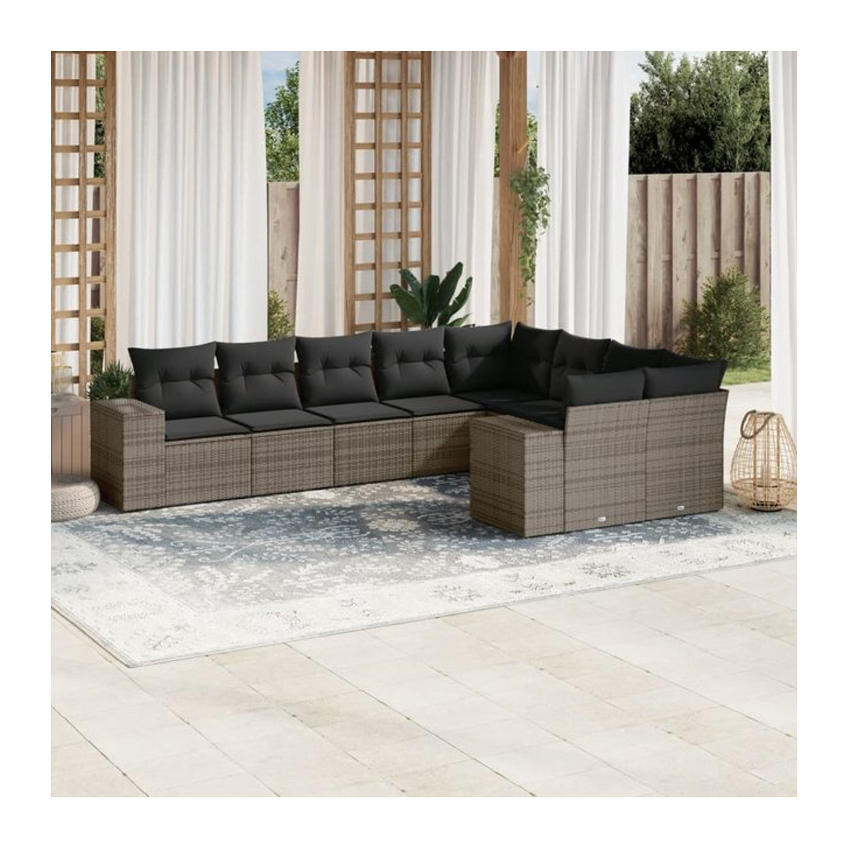 Vidaxl Gartenmöbel-Set aus Polyrattan mit Kissen, 9-teilig, Grau, Modernes Design - Bild 1
