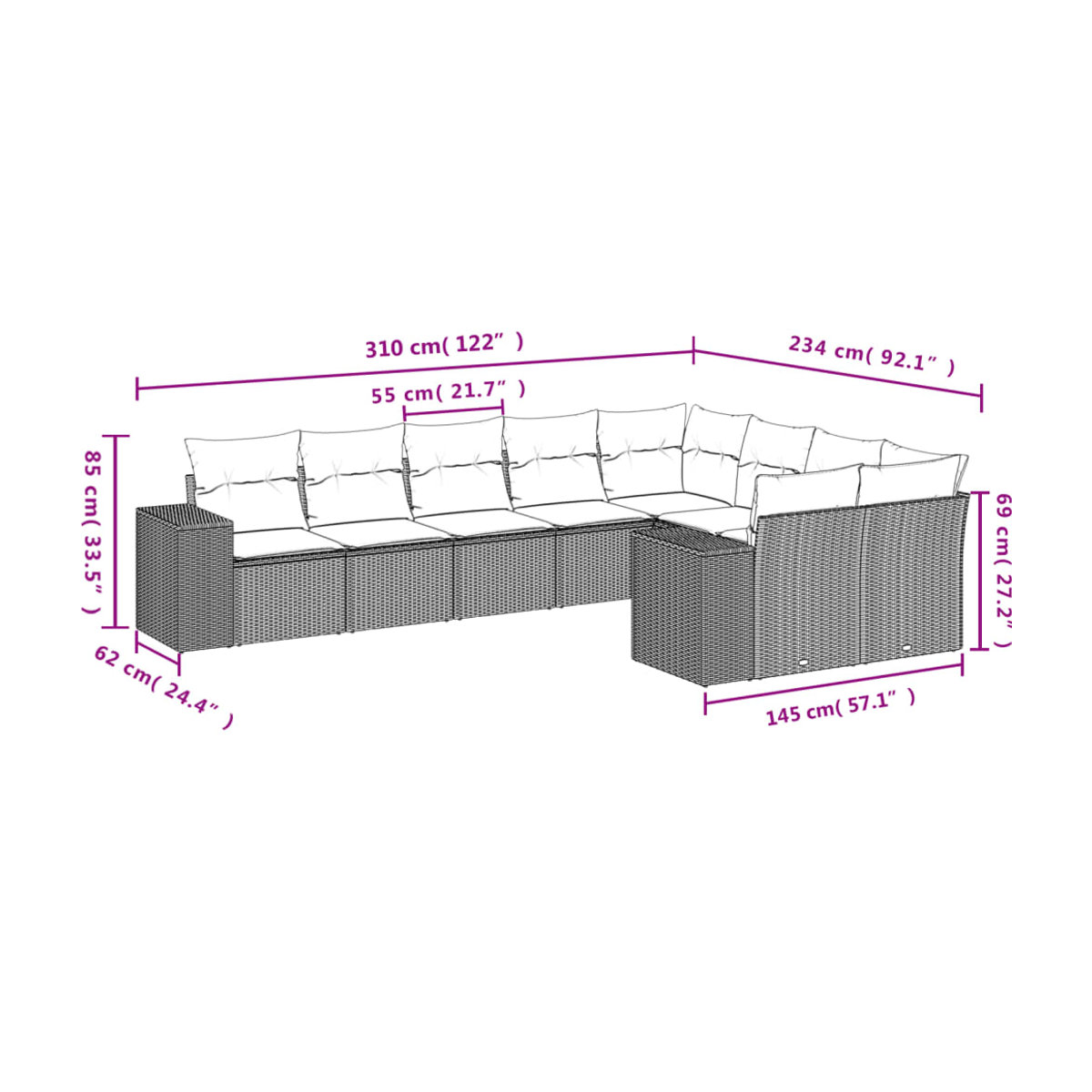Vidaxl Gartenmöbel-Set aus Polyrattan mit Kissen, 9-teilig, Grau, Modernes Design - Bild 3