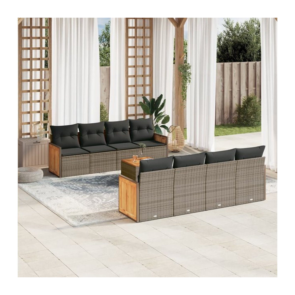 Vidaxl Gartenmöbel-Set aus Polyrattan mit Kissen, 9-teilig, Grau, Modernes Design - Bild 1
