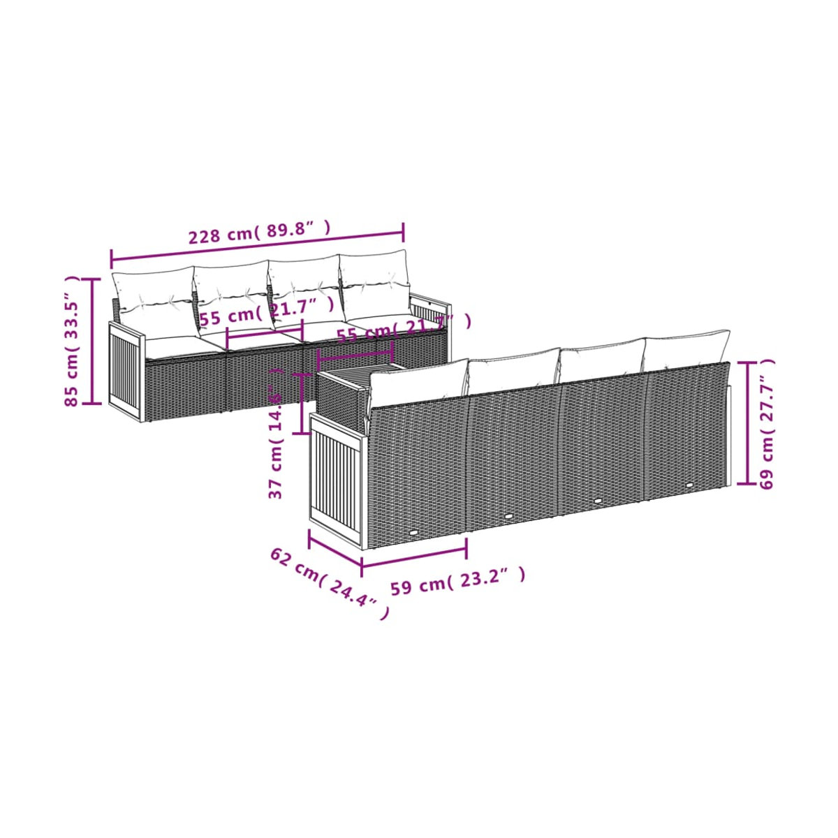 Vidaxl Gartenmöbel-Set aus Polyrattan mit Kissen, 9-teilig, Grau, Modernes Design - Bild 2