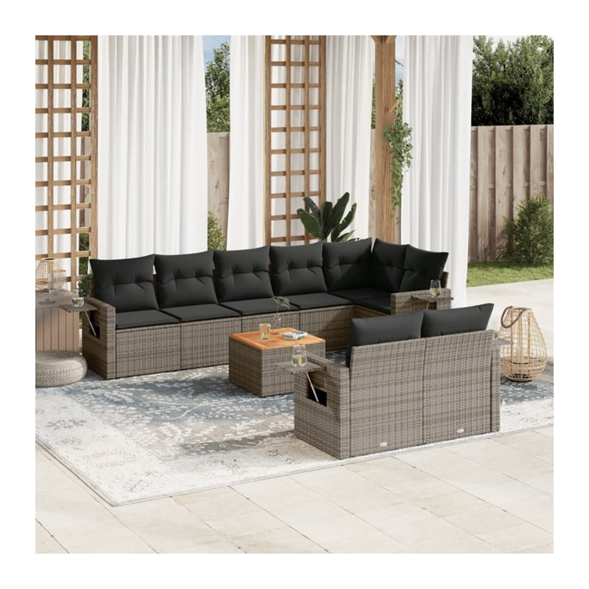 Vidaxl Gartenmöbel-Set aus Polyrattan mit Kissen, 9-teilig, Grau, Modernes Design - Bild 1
