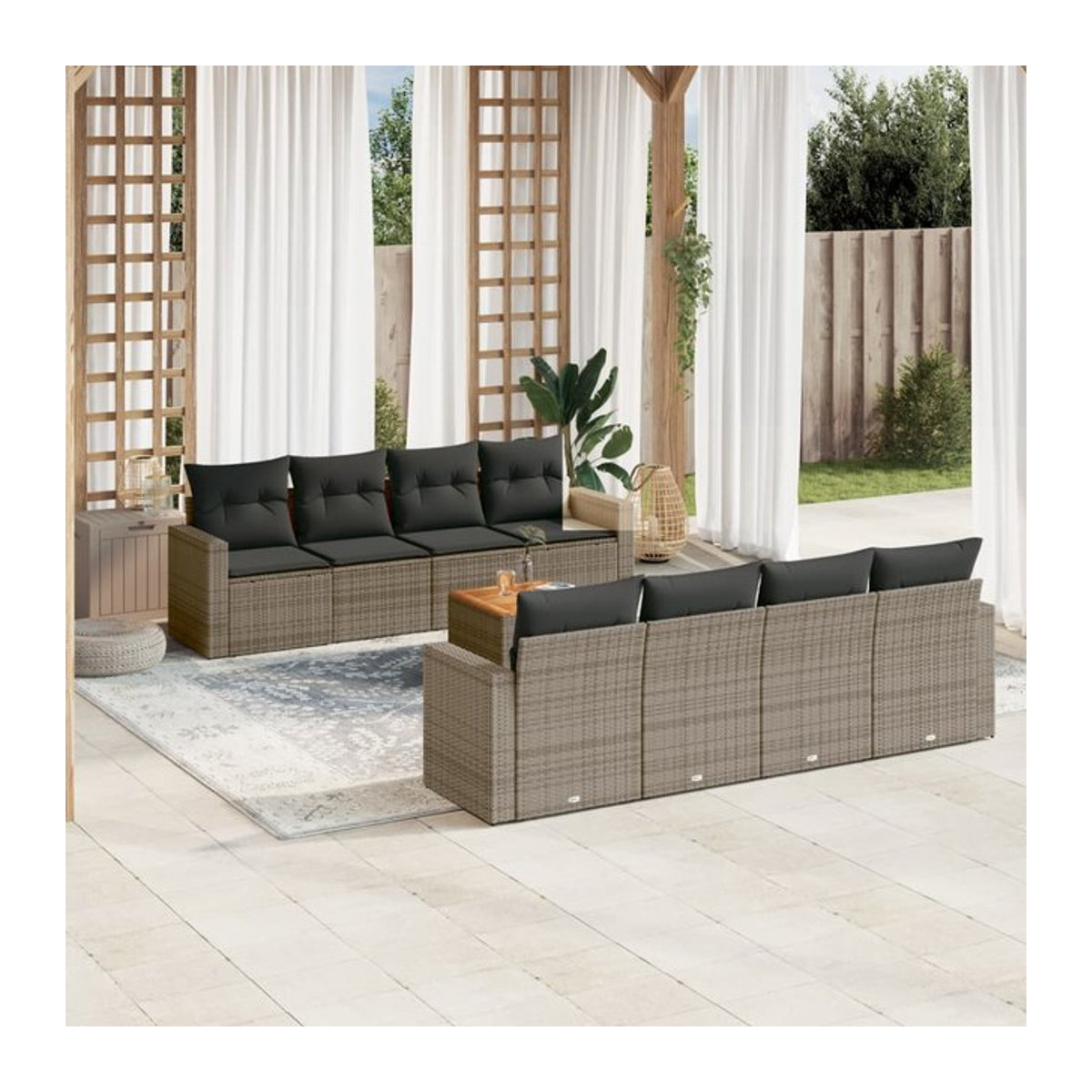 Vidaxl Gartenmöbel-Set aus Polyrattan mit Kissen, 9-teilig, Grau, Modernes Design - Bild 1