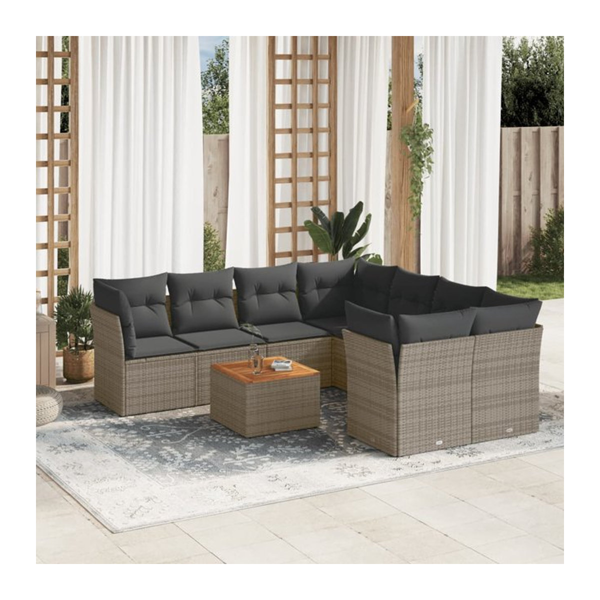 Vidaxl Gartenmöbel-Set aus Polyrattan mit Kissen, 9-teilig, Grau, Modernes Design - Bild 1