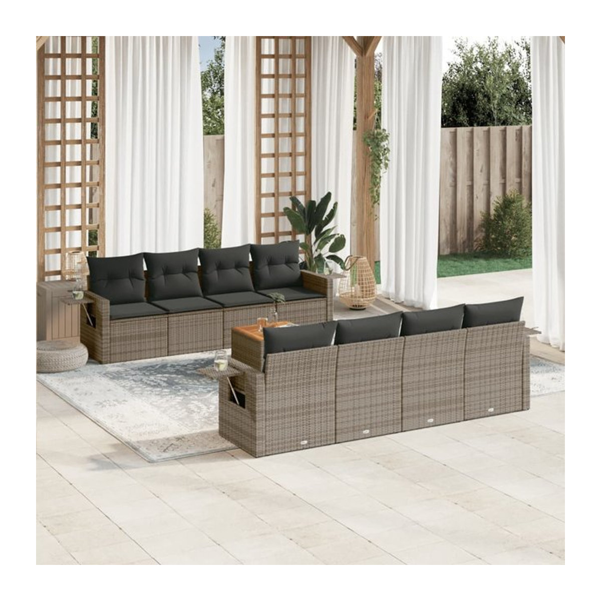 Vidaxl Gartenmöbel-Set aus Polyrattan mit Kissen, 9-teilig, Grau, Modernes Design - Bild 1