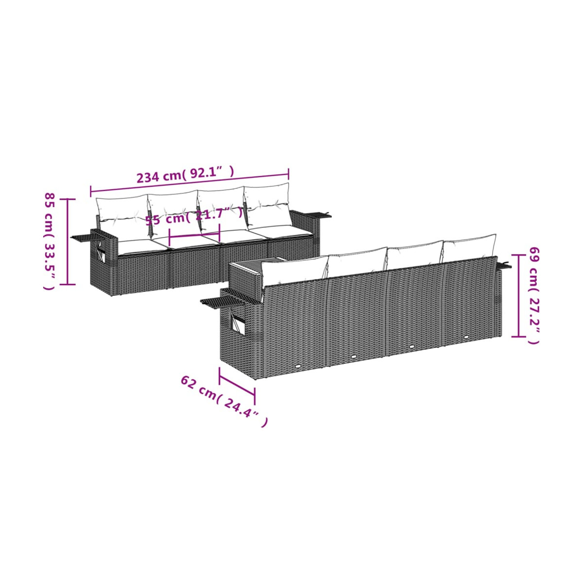 Vidaxl Gartenmöbel-Set aus Polyrattan mit Kissen, 9-teilig, Grau, Modernes Design - Bild 2