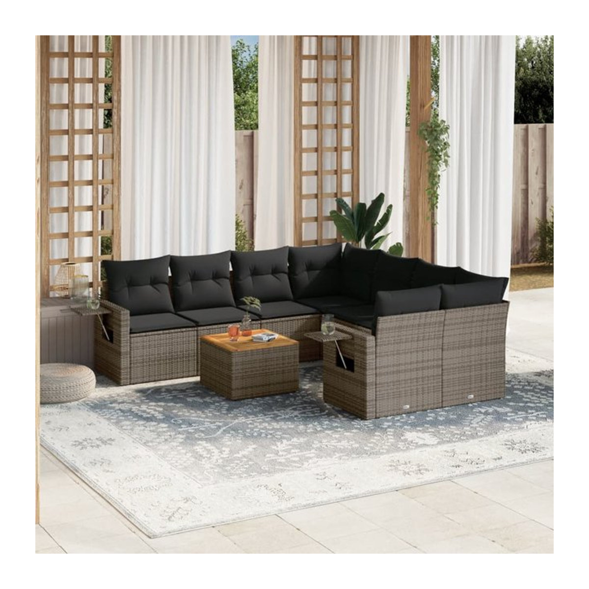 Vidaxl Gartenmöbel-Set aus Polyrattan mit Kissen, 9-teilig, Grau, Modernes Design - Bild 1