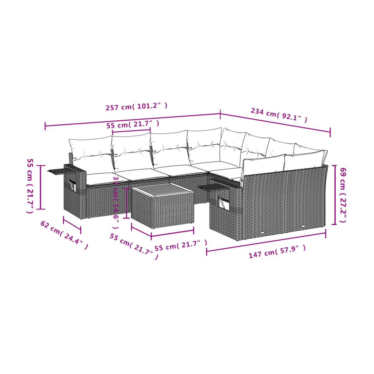 Vidaxl Gartenmöbel-Set aus Polyrattan mit Kissen, 9-teilig, Grau, Modernes Design - Bild 2