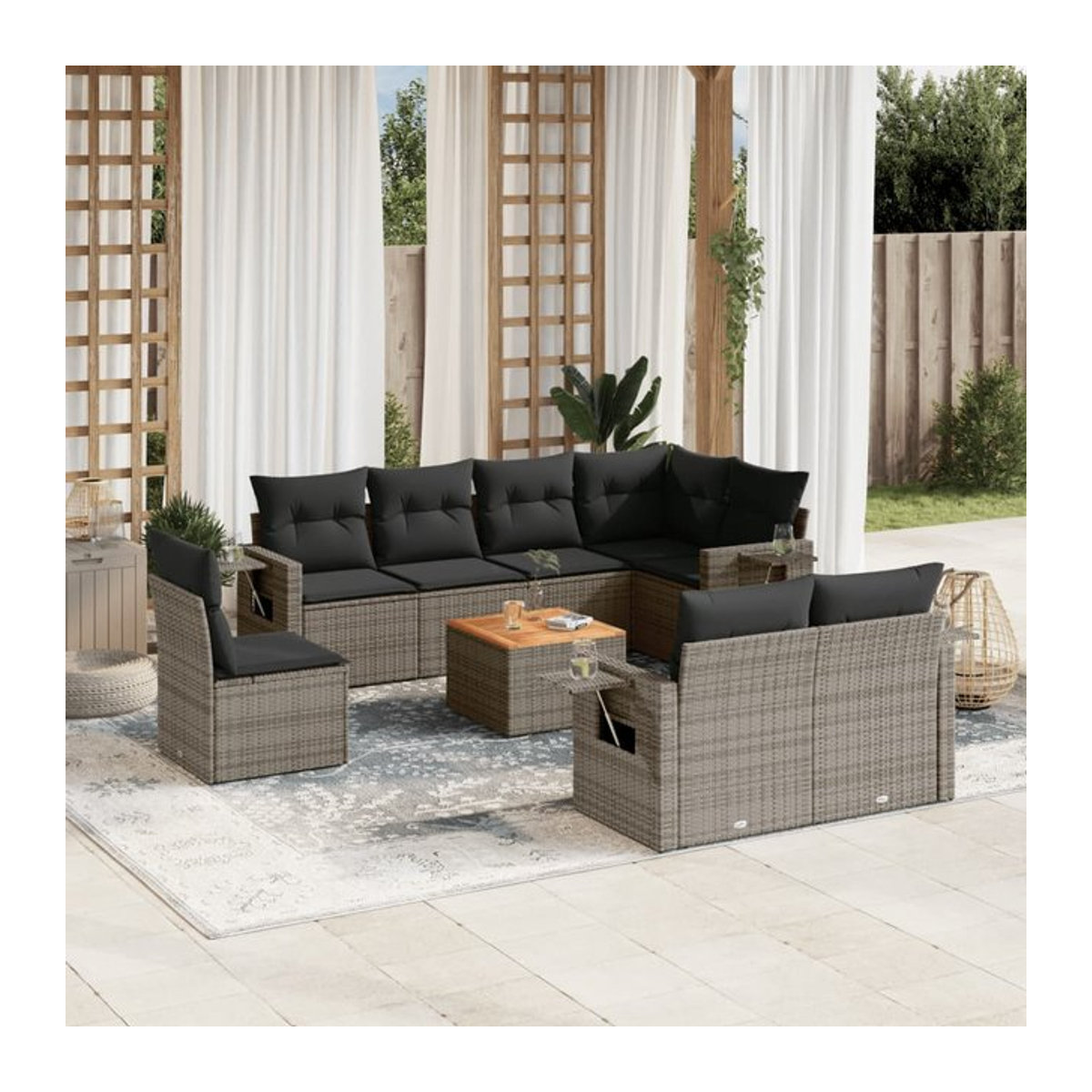 Vidaxl Gartenmöbel-Set aus Polyrattan mit Kissen, 9-teilig, Grau, Modernes Design - Bild 1