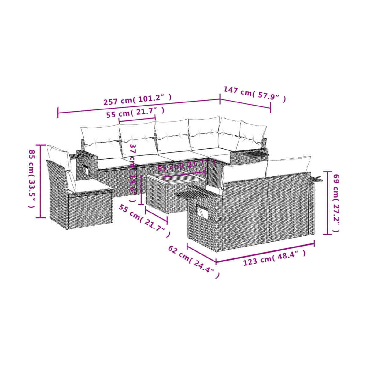 Vidaxl Gartenmöbel-Set aus Polyrattan mit Kissen, 9-teilig, Grau, Modernes Design - Bild 2