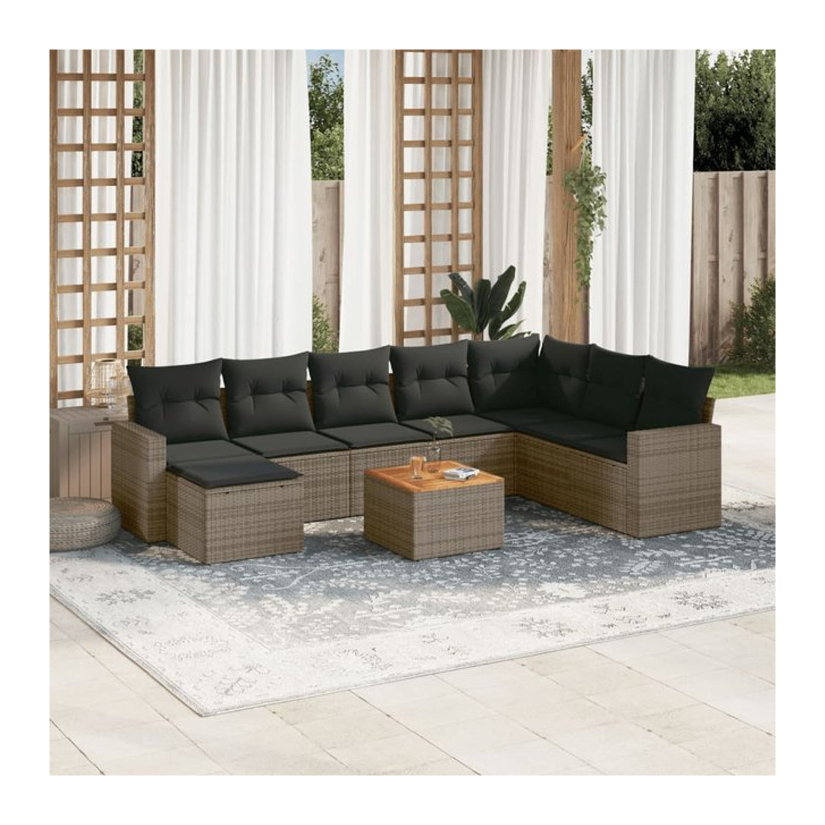 Vidaxl Gartenmöbel-Set aus Polyrattan mit Kissen, 9-teilig, Grau, Modernes Design - Bild 1