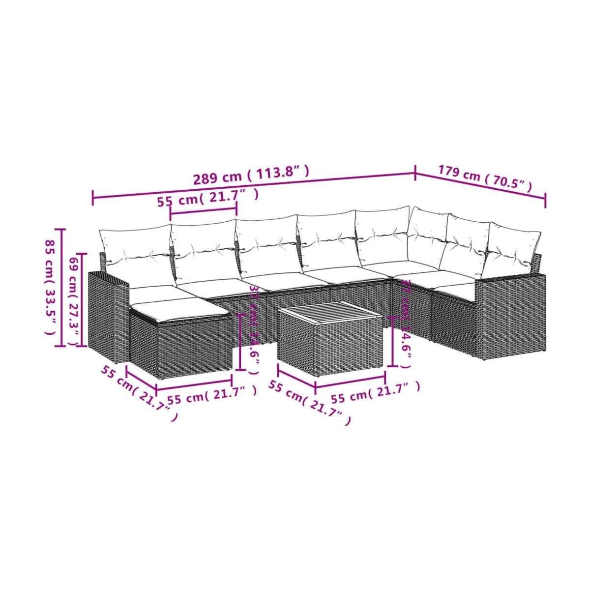 Vidaxl Gartenmöbel-Set aus Polyrattan mit Kissen, 9-teilig, Grau, Modernes Design - Bild 3