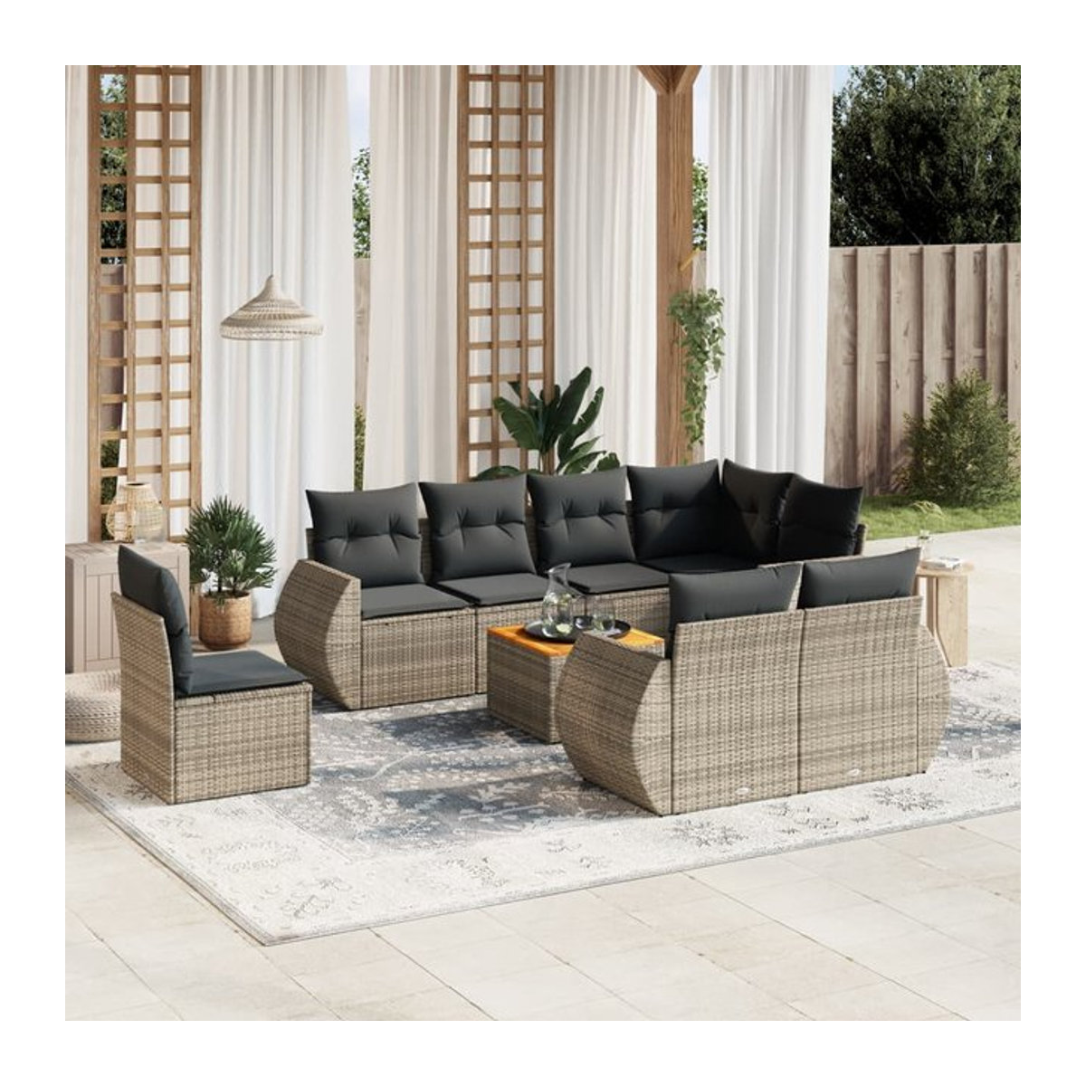 Vidaxl Gartenmöbel-Set aus Polyrattan mit Kissen, 9-teilig, Grau, Modernes Design - Bild 1