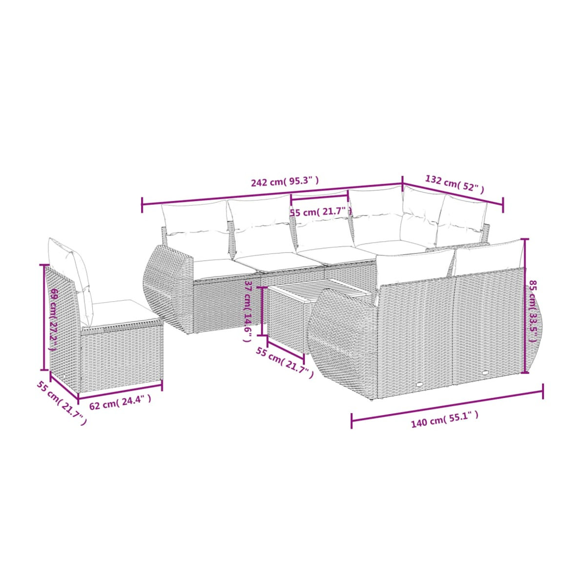 Vidaxl Gartenmöbel-Set aus Polyrattan mit Kissen, 9-teilig, Grau, Modernes Design - Bild 3