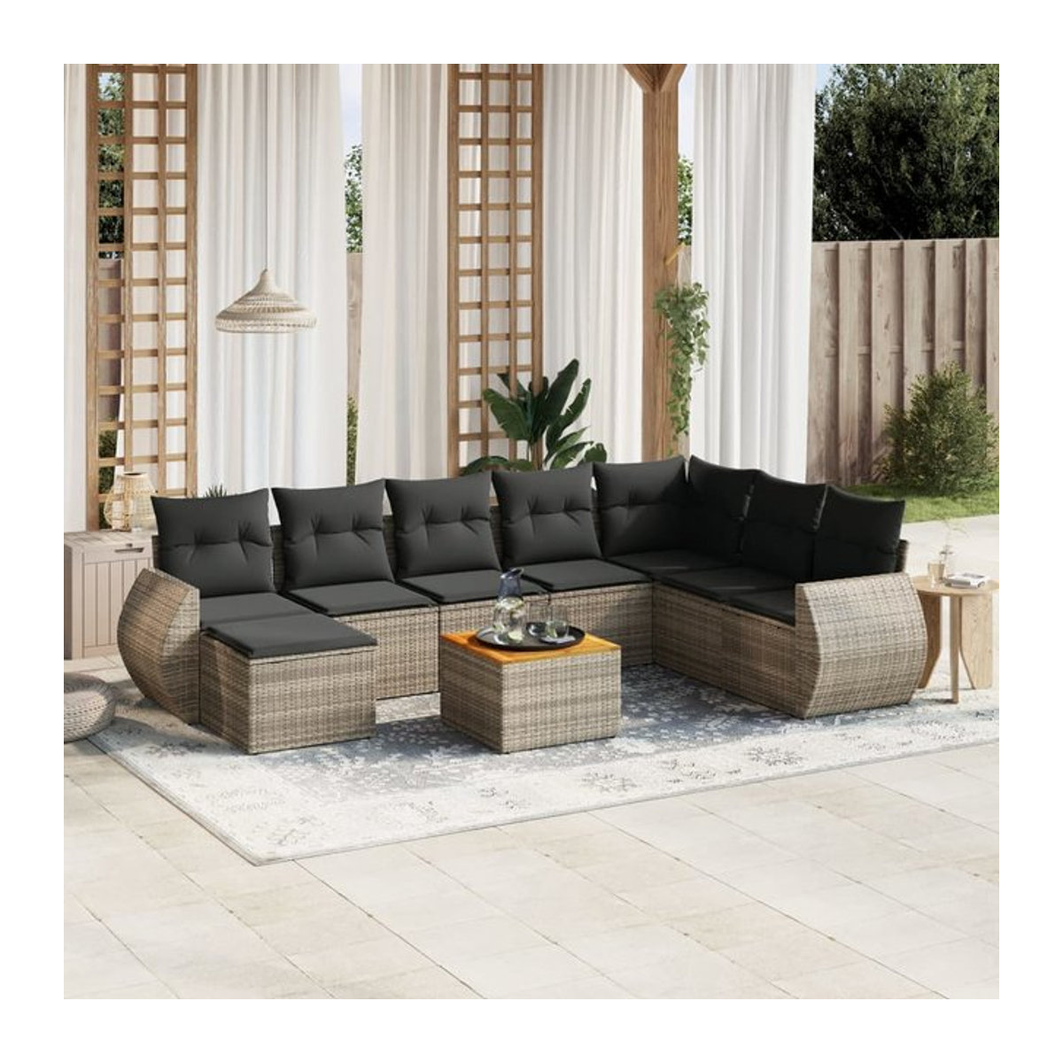 Vidaxl Gartenmöbel-Set aus Polyrattan mit Kissen, 9-teilig, Grau, Modernes Design - Bild 1