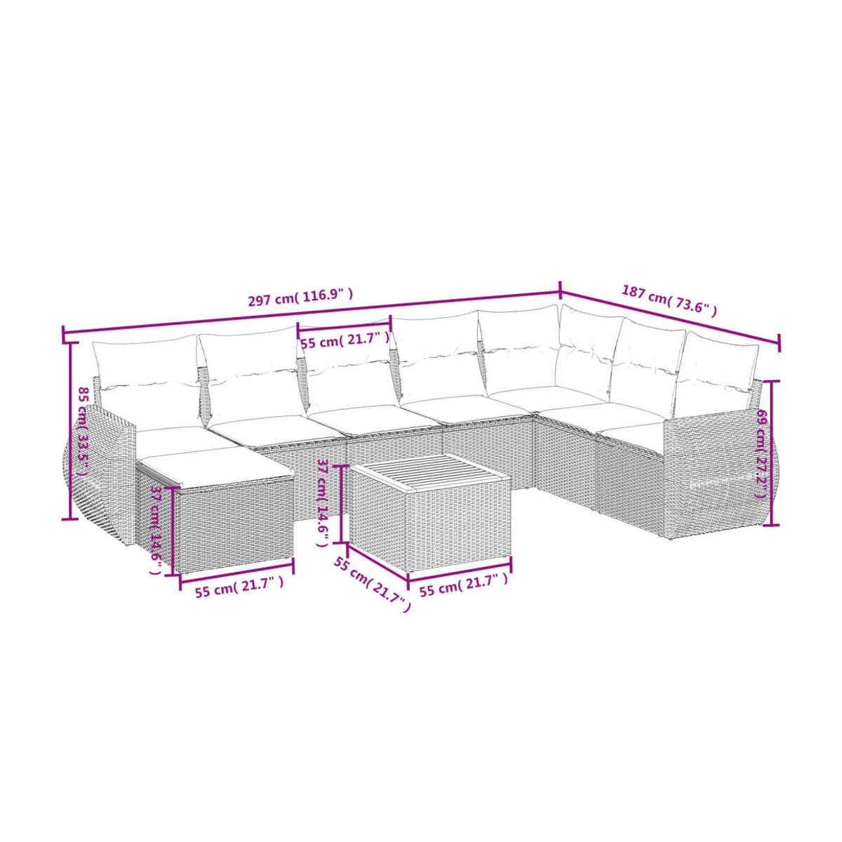 Vidaxl Gartenmöbel-Set aus Polyrattan mit Kissen, 9-teilig, Grau, Modernes Design - Bild 3